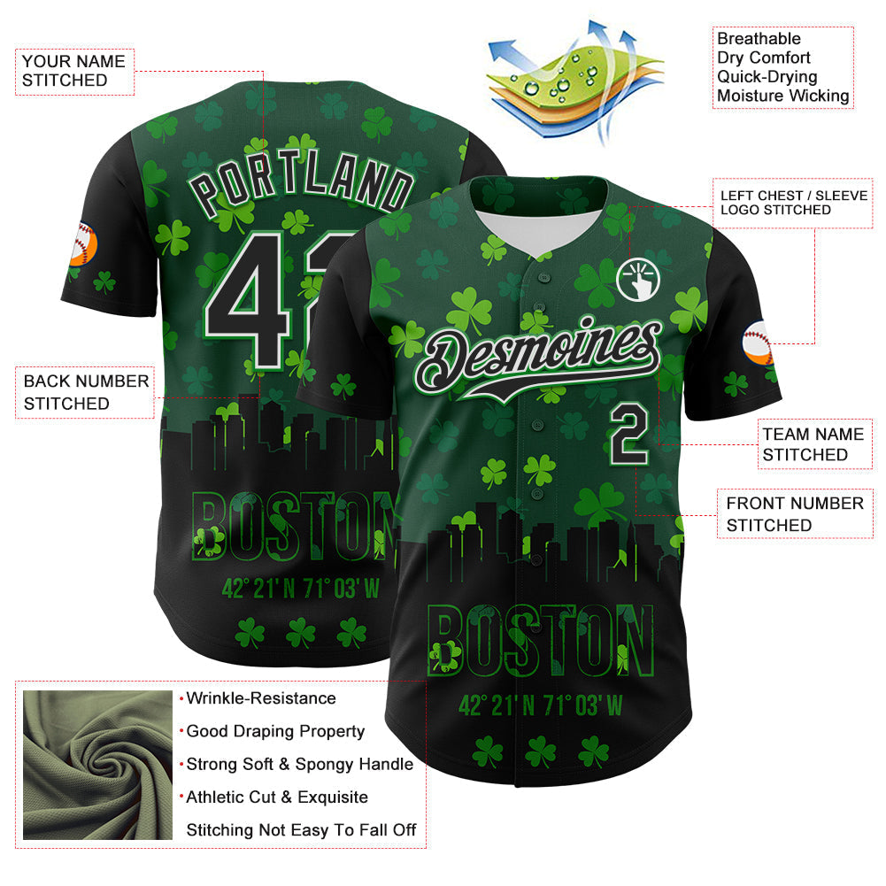 Custom Black White-Grass Green 3D Pattern Design Boston Cityscape Shamrock Authentic St. Patrick's Day Baseball Jersey baseball jersey product view 3