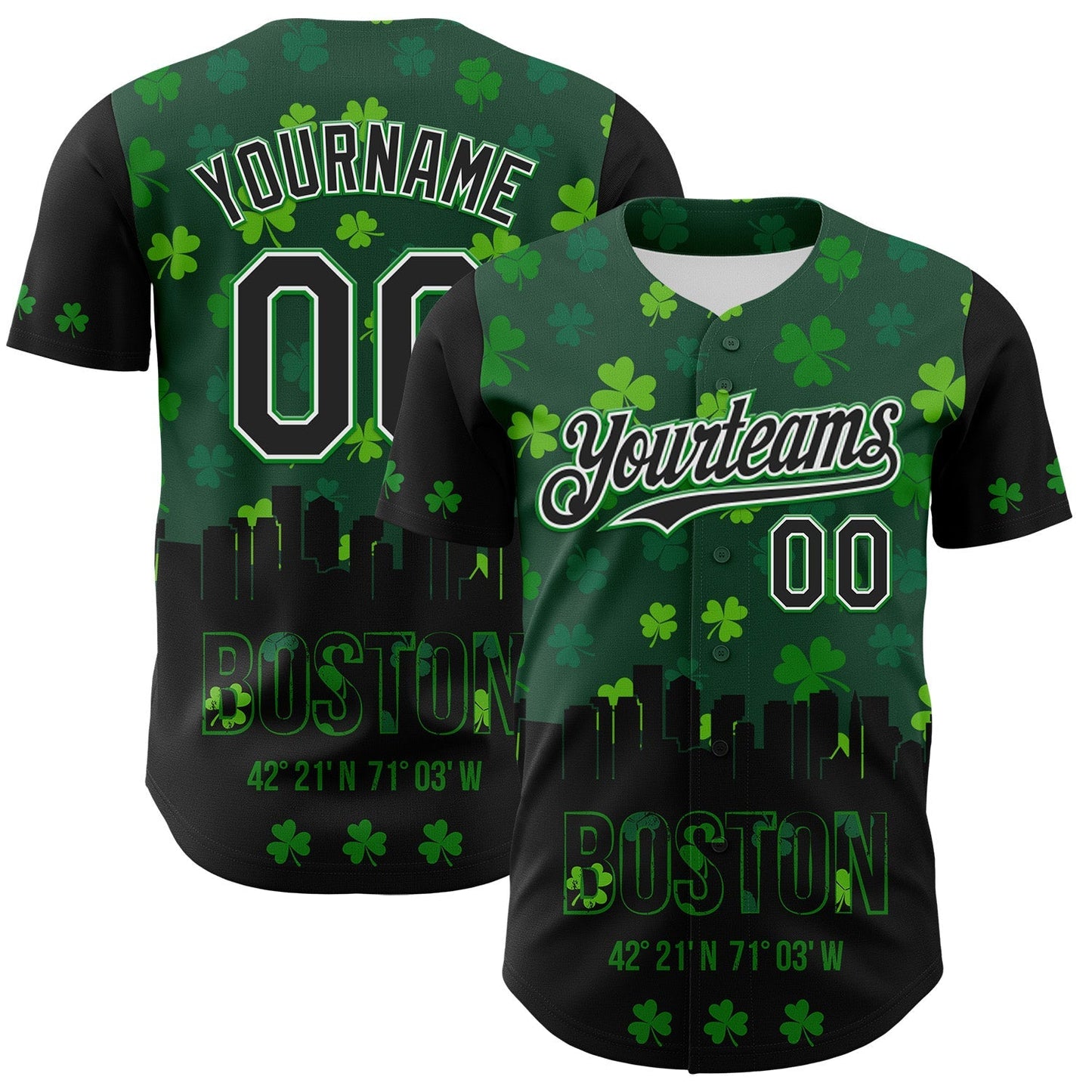Custom Black White-Grass Green 3D Pattern Design Boston Cityscape Shamrock Authentic St. Patrick's Day Baseball Jersey baseball jersey product view 1