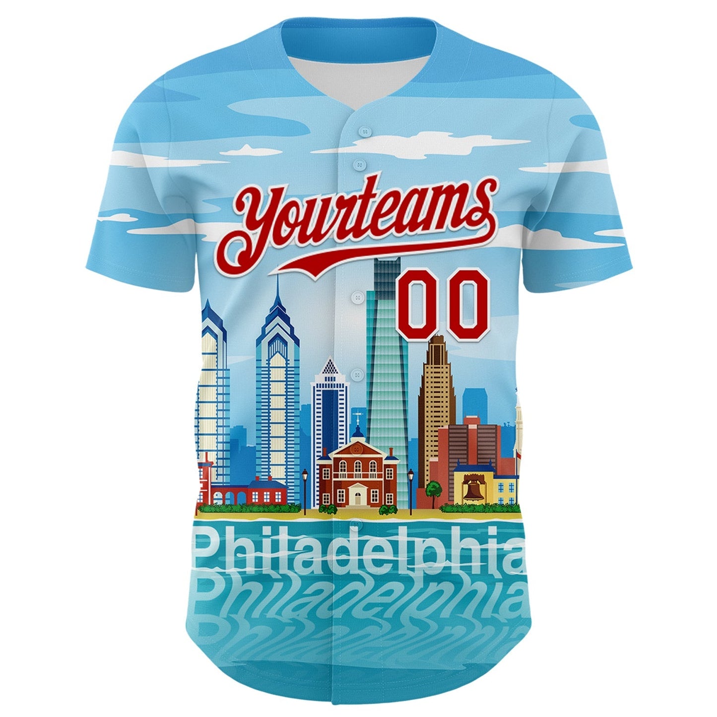 Custom Blue Red-White 3D Pattern Design Philadelphia Cityscape Skyline Authentic Baseball Jersey baseball jersey product view 2