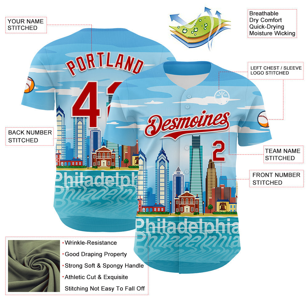 Custom Blue Red-White 3D Pattern Design Philadelphia Cityscape Skyline Authentic Baseball Jersey baseball jersey product view 3