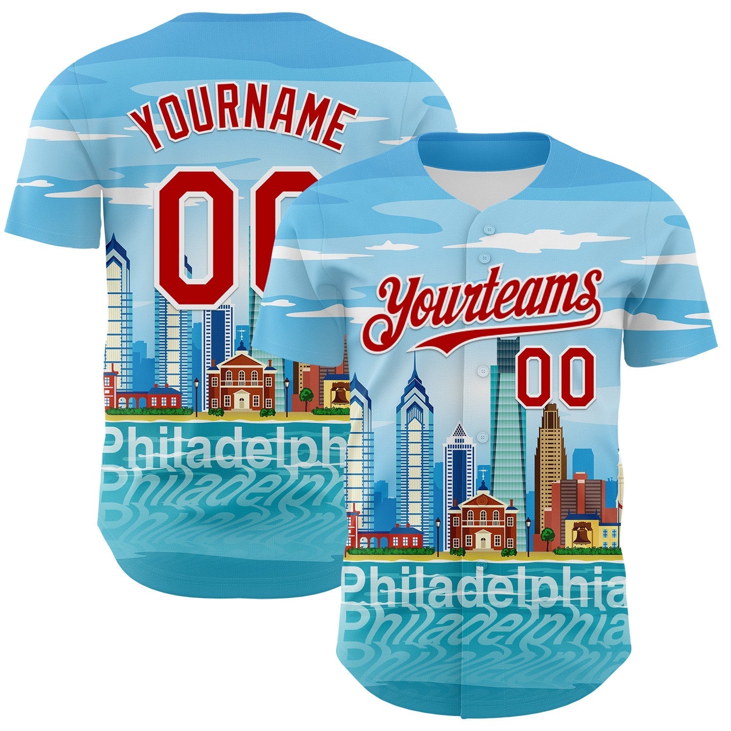 Custom Blue Red-White 3D Pattern Design Philadelphia Cityscape Skyline Authentic Baseball Jersey baseball jersey product view 1