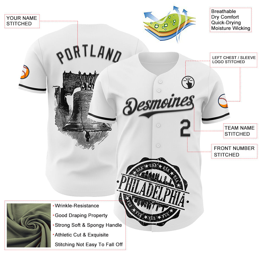 Custom White Black 3D Pattern Design Philadelphia Cityscape Liberty Bell Authentic Baseball Jersey baseball jersey product view 3