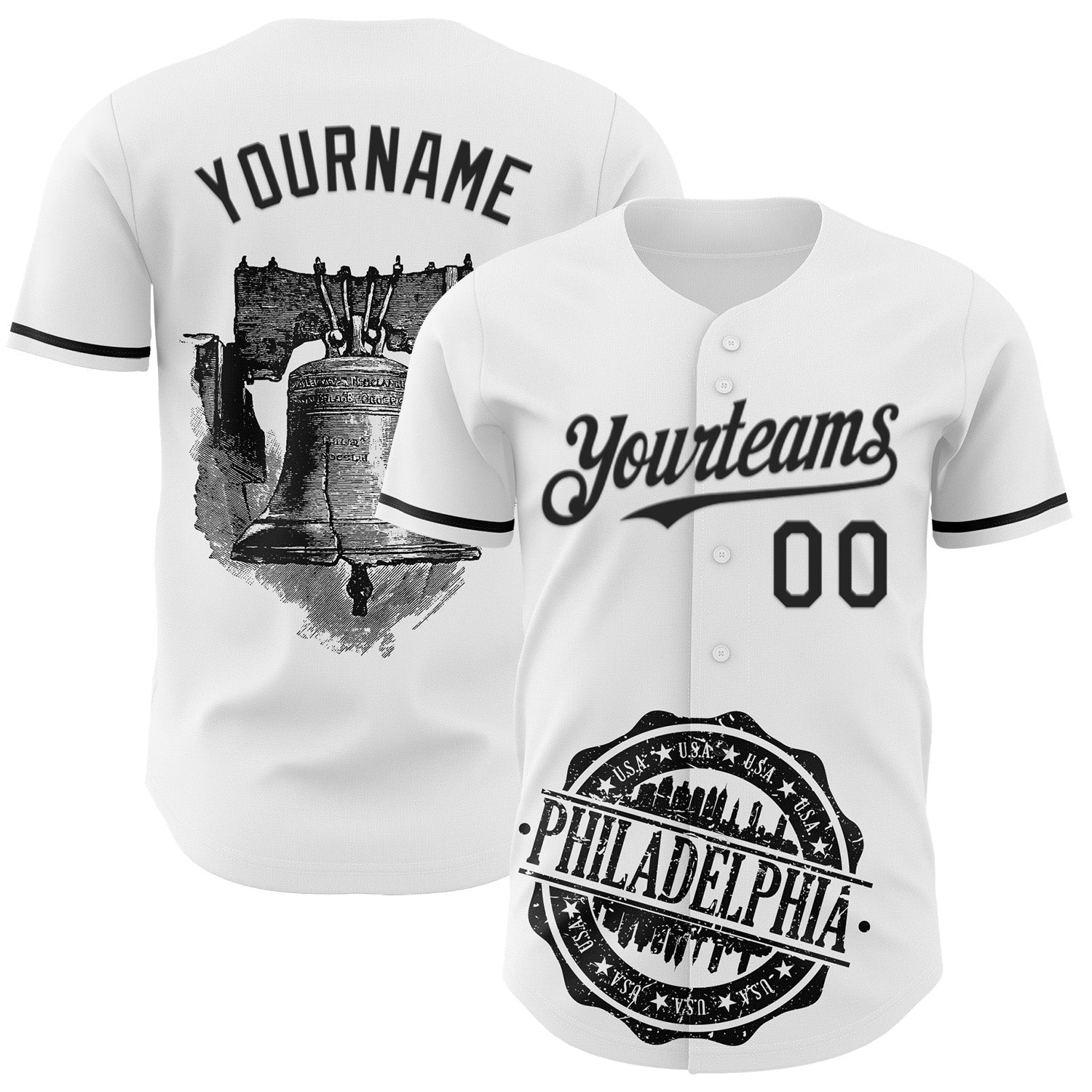 Custom White Black 3D Pattern Design Philadelphia Cityscape Liberty Bell Authentic Baseball Jersey baseball jersey product view 1