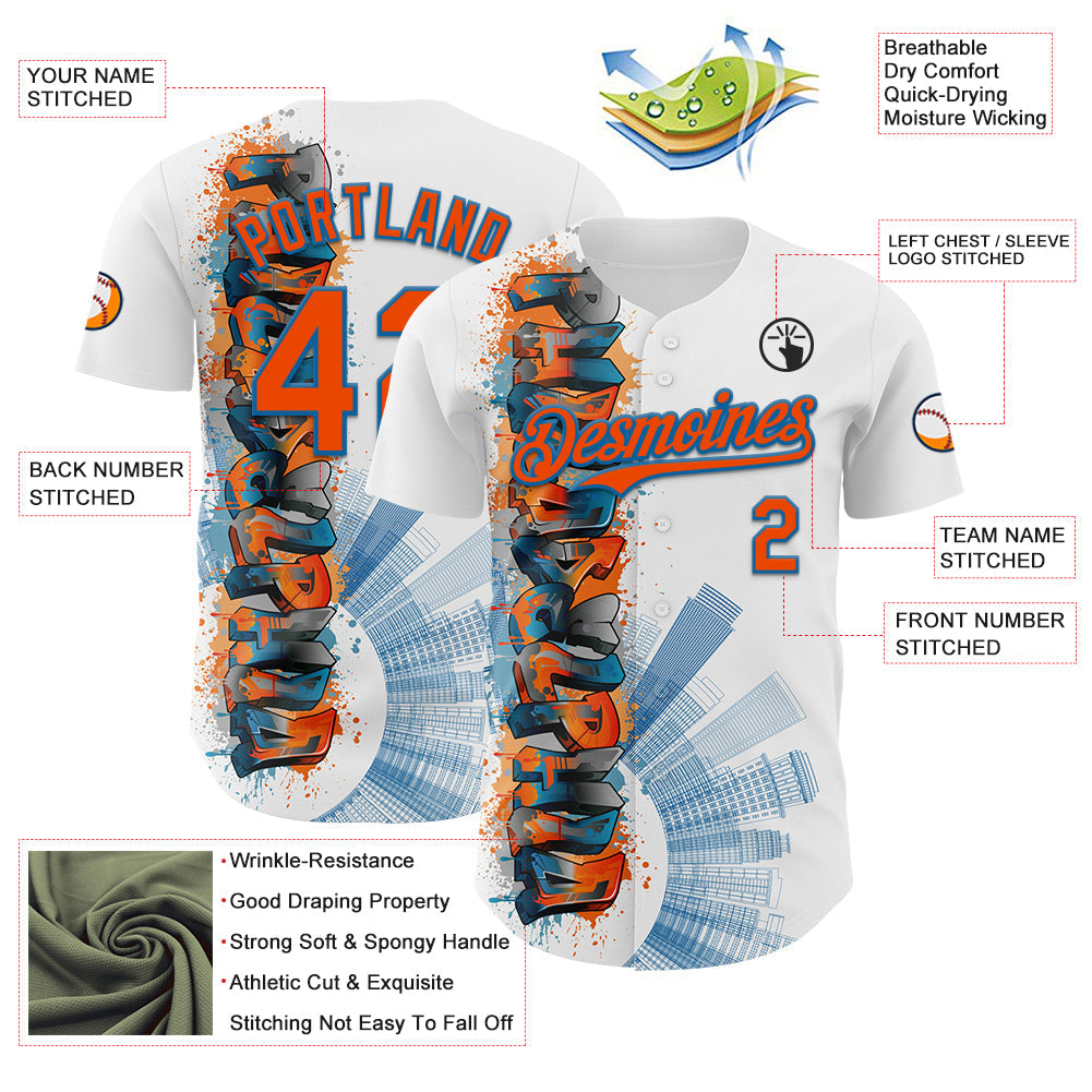 Custom White Orange-Blue 3D Pattern Design Philadelphia Cityscape Skyline Authentic Baseball Jersey baseball jersey product view 3