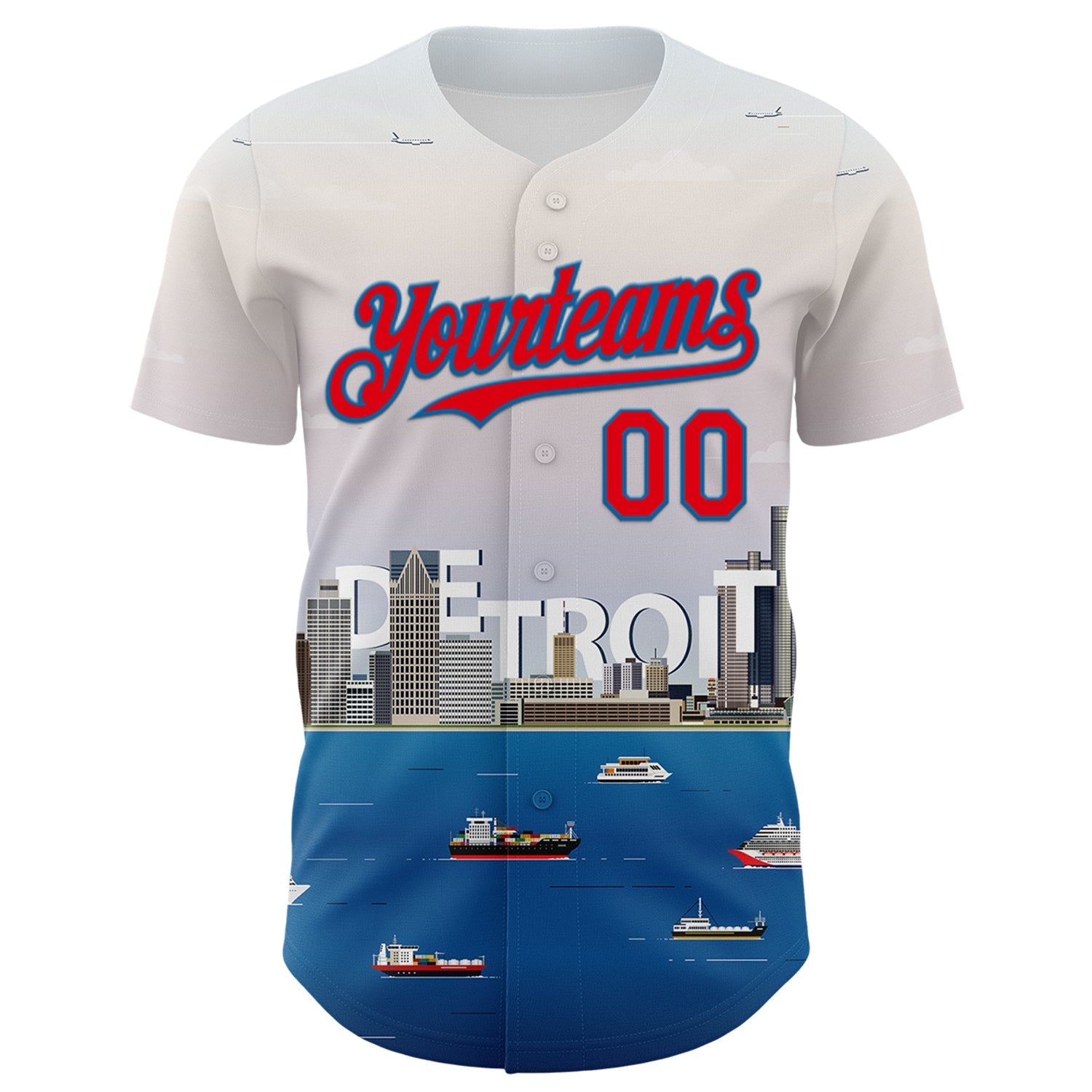 Custom White Fire Red-Blue 3D Pattern Design Detroit Cityscape Skyline Authentic Baseball Jersey baseball jersey product view 2