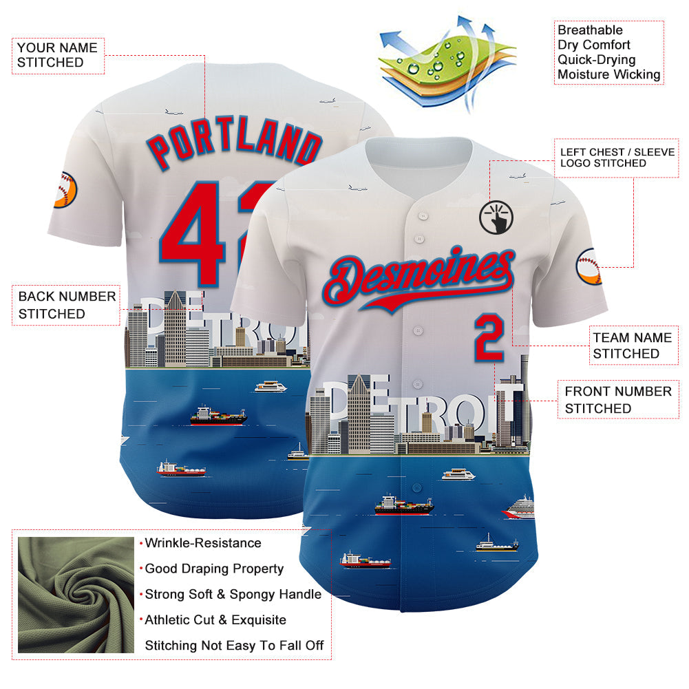 Custom White Fire Red-Blue 3D Pattern Design Detroit Cityscape Skyline Authentic Baseball Jersey baseball jersey product view 3