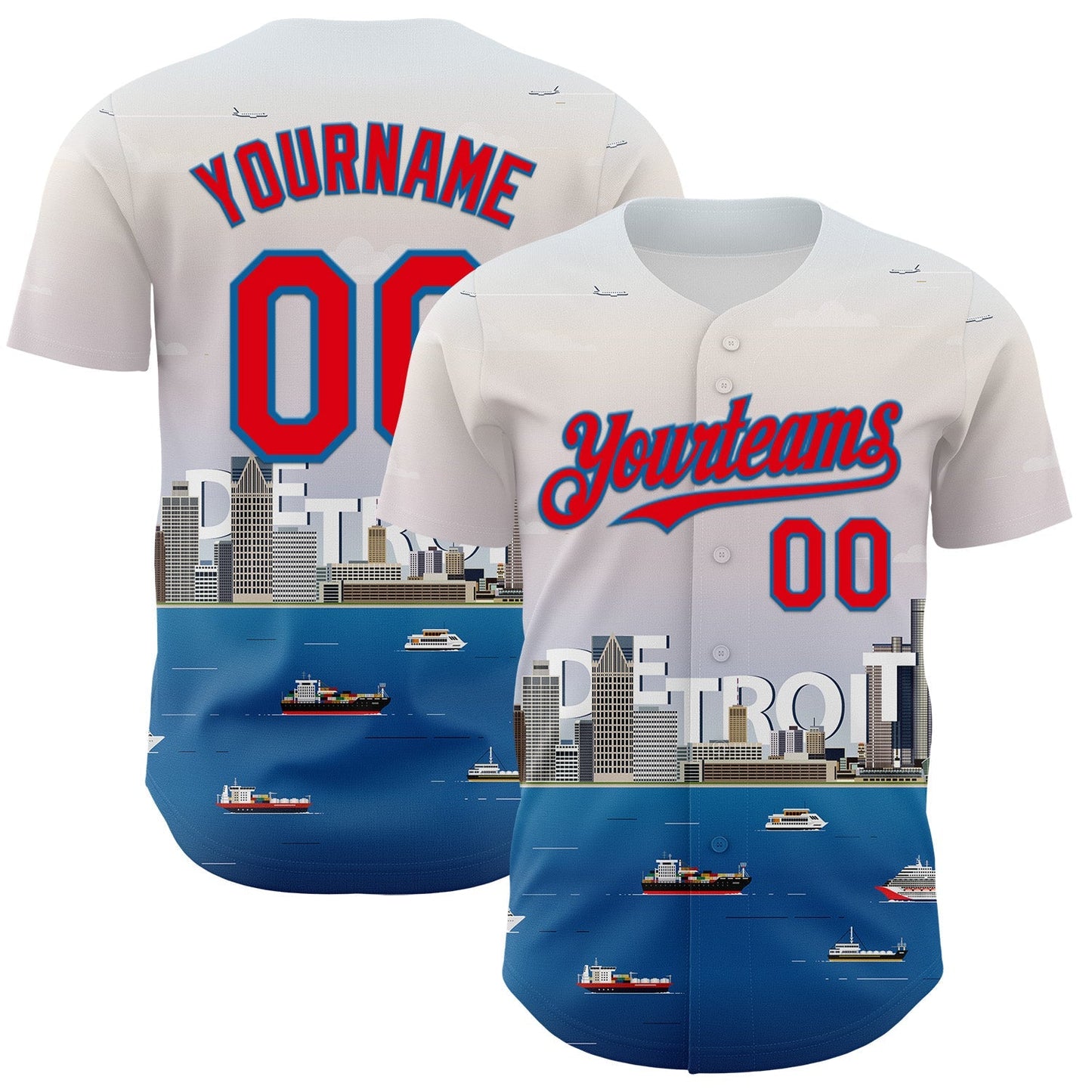 Custom White Fire Red-Blue 3D Pattern Design Detroit Cityscape Skyline Authentic Baseball Jersey baseball jersey product view 1