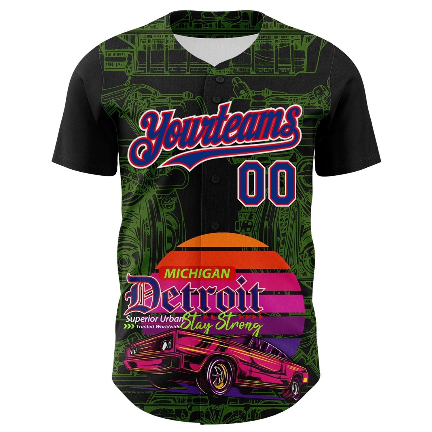 Custom Black Royal Green Fire Red-White 3D Pattern Design Detroit Cityscape Muscle Car Engine Authentic Baseball Jersey baseball jersey product view 2
