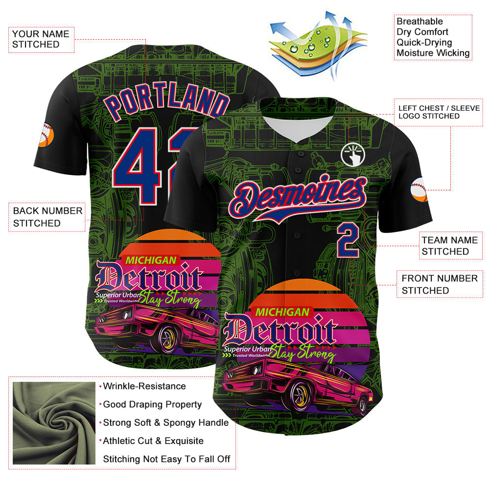 Custom Black Royal Green Fire Red-White 3D Pattern Design Detroit Cityscape Muscle Car Engine Authentic Baseball Jersey baseball jersey product view 3
