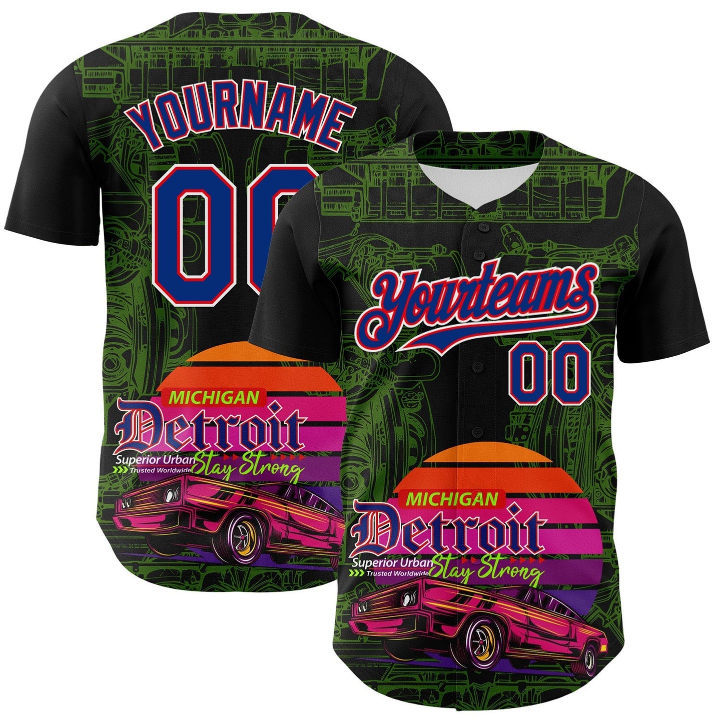 Custom Black Royal Green Fire Red-White 3D Pattern Design Detroit Cityscape Muscle Car Engine Authentic Baseball Jersey baseball jersey product view 1