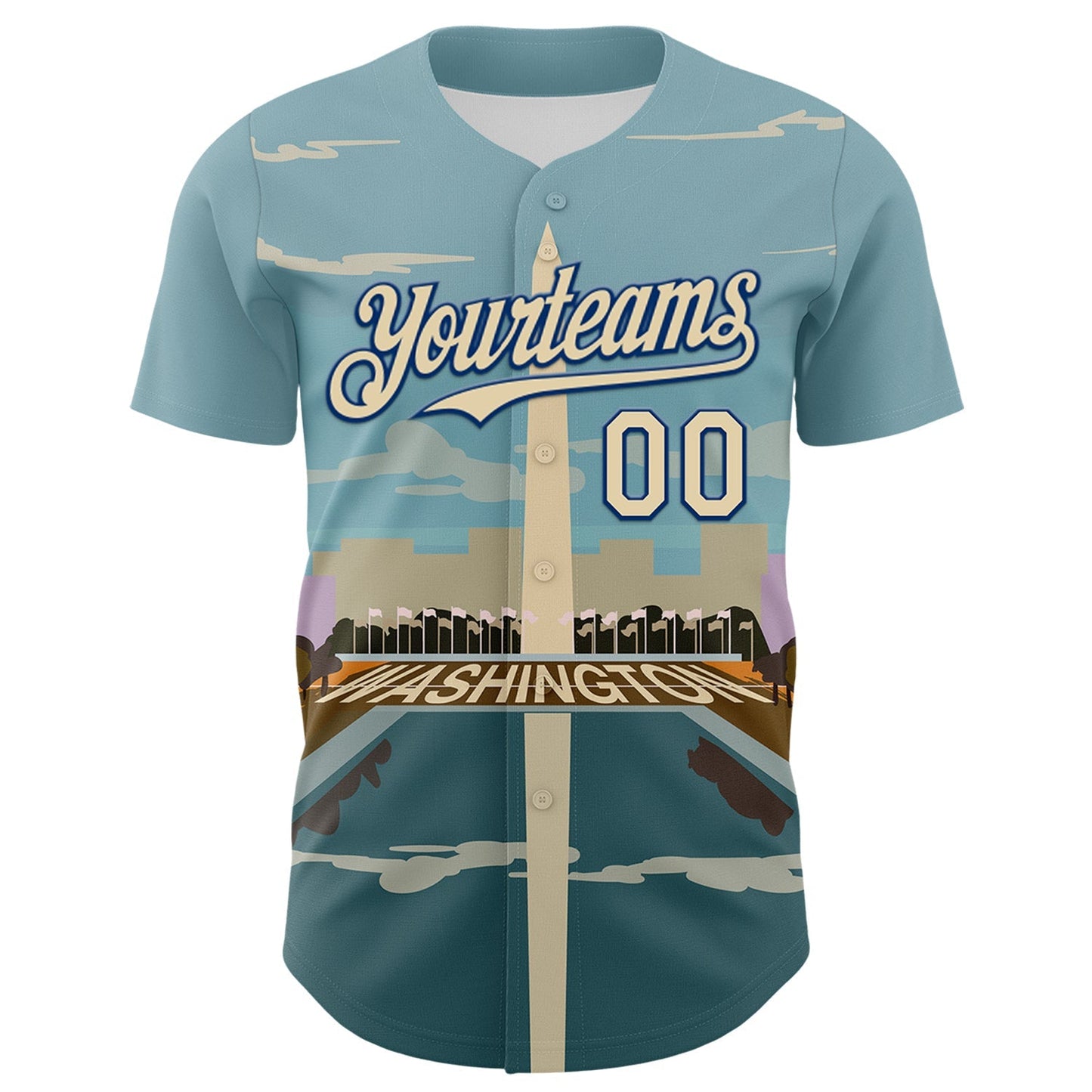 Custom Blue Cream-Royal 3D Pattern Design Washington Cityscape Skyline Authentic Baseball Jersey baseball jersey product view 2