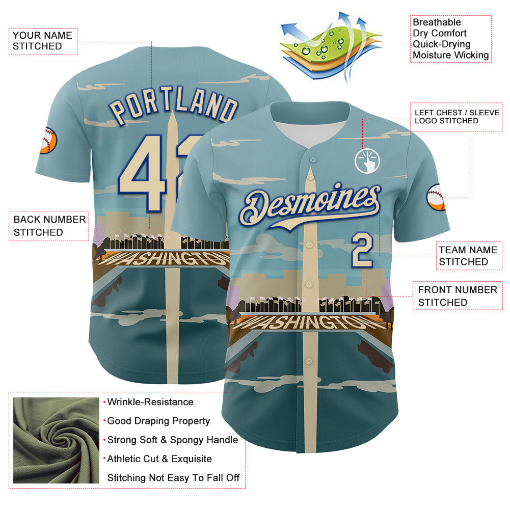 Custom Blue Cream-Royal 3D Pattern Design Washington Cityscape Skyline Authentic Baseball Jersey baseball jersey product view 3