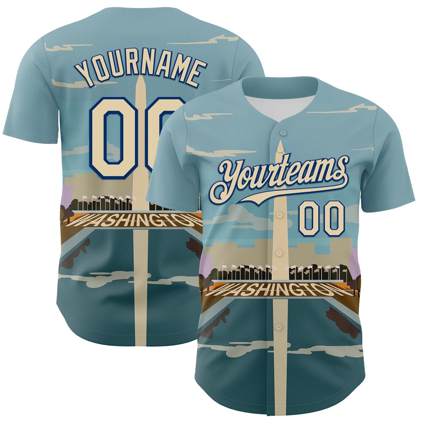 Custom Blue Cream-Royal 3D Pattern Design Washington Cityscape Skyline Authentic Baseball Jersey baseball jersey product view 1