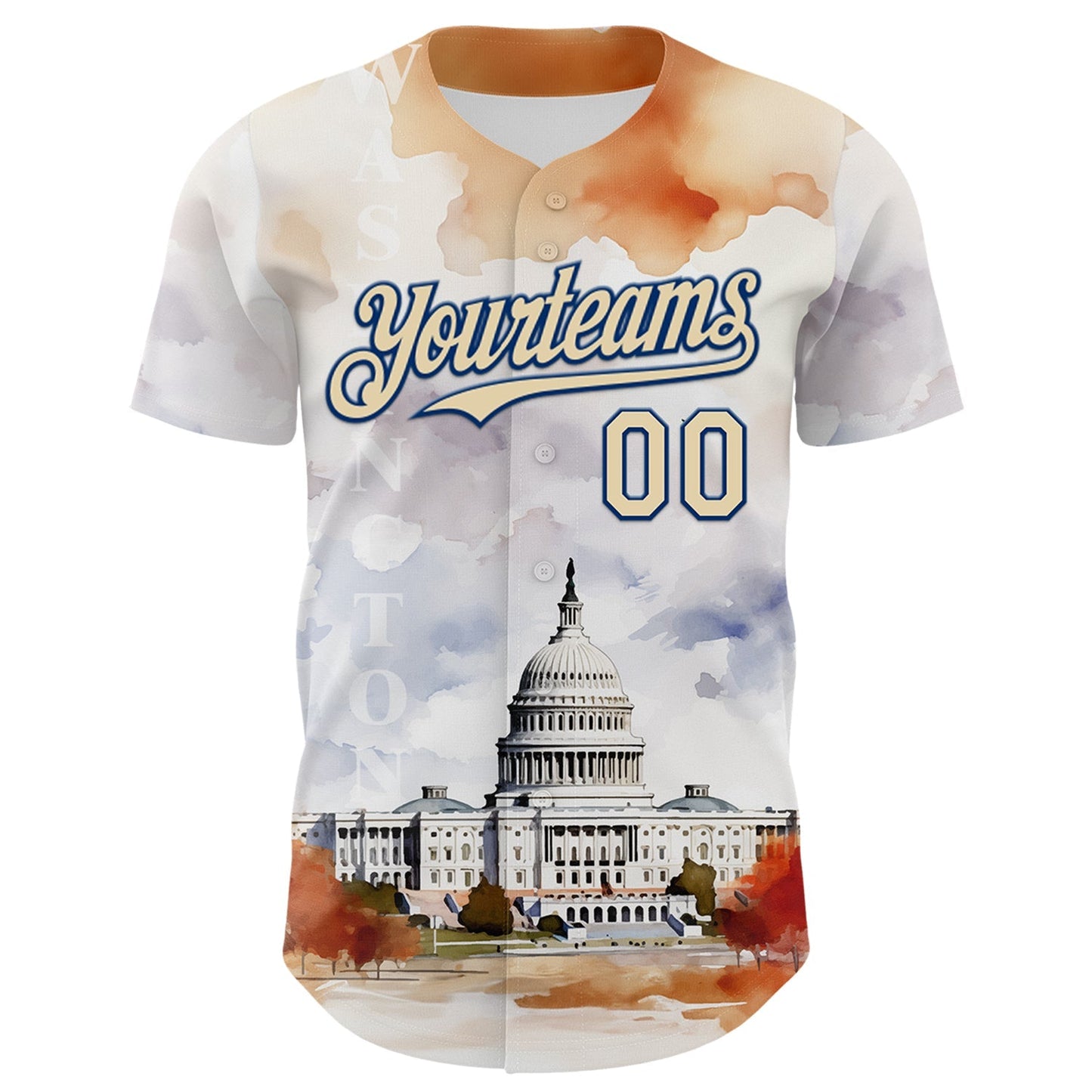 Custom White Cream-Royal 3D Pattern Design Washington Cityscape United States Capitol Authentic Baseball Jersey baseball jersey product view 2