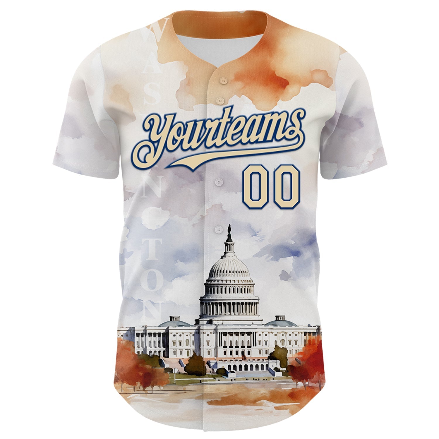 Custom White Cream-Royal 3D Pattern Design Washington Cityscape United States Capitol Authentic Baseball Jersey baseball jersey product view 2