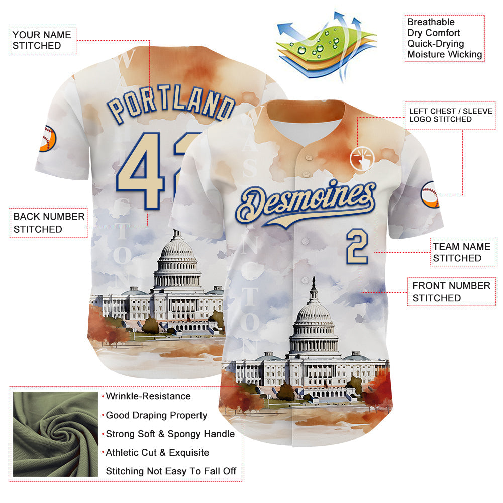 Custom White Cream-Royal 3D Pattern Design Washington Cityscape United States Capitol Authentic Baseball Jersey baseball jersey product view 3