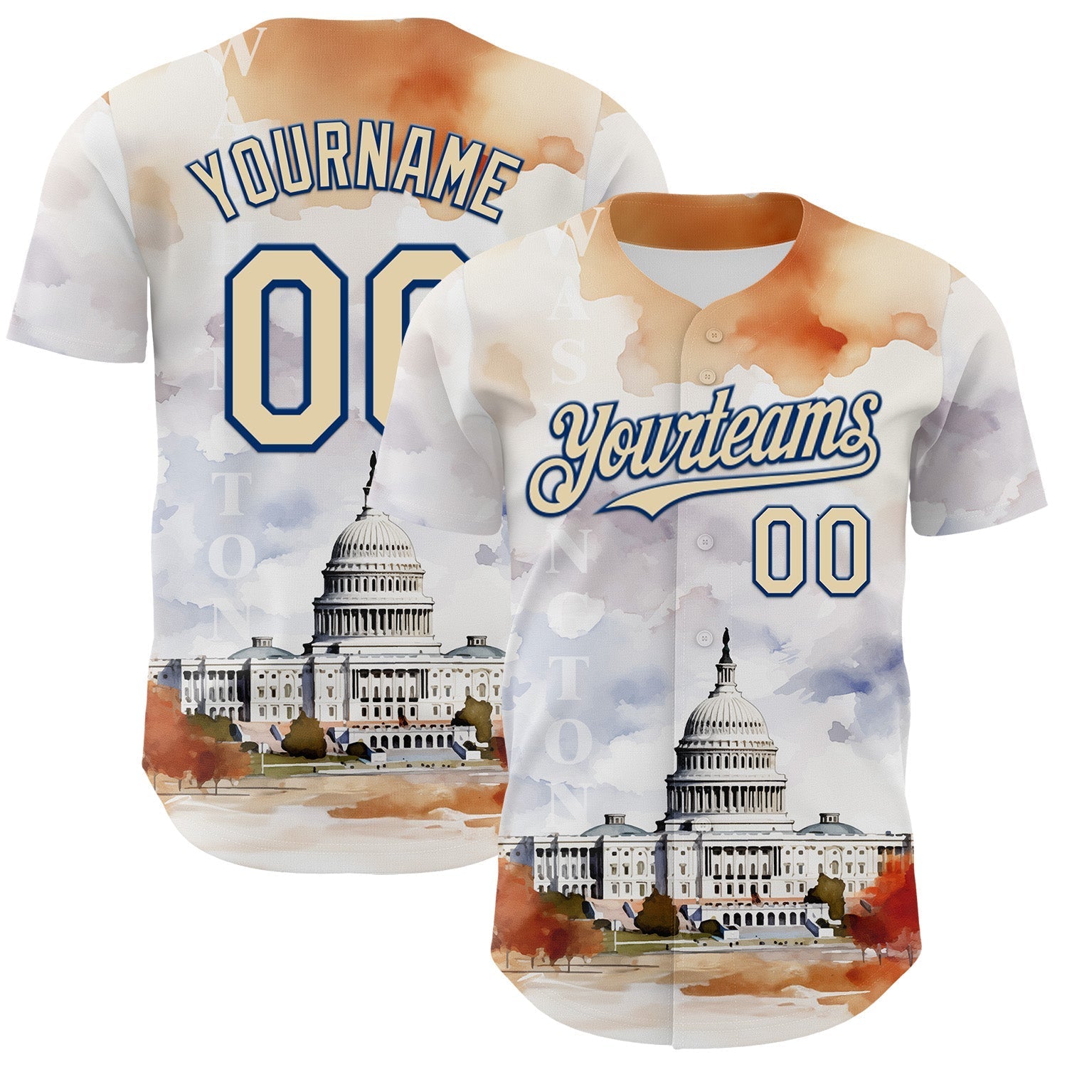Custom White Cream-Royal 3D Pattern Design Washington Cityscape United States Capitol Authentic Baseball Jersey baseball jersey product view 1