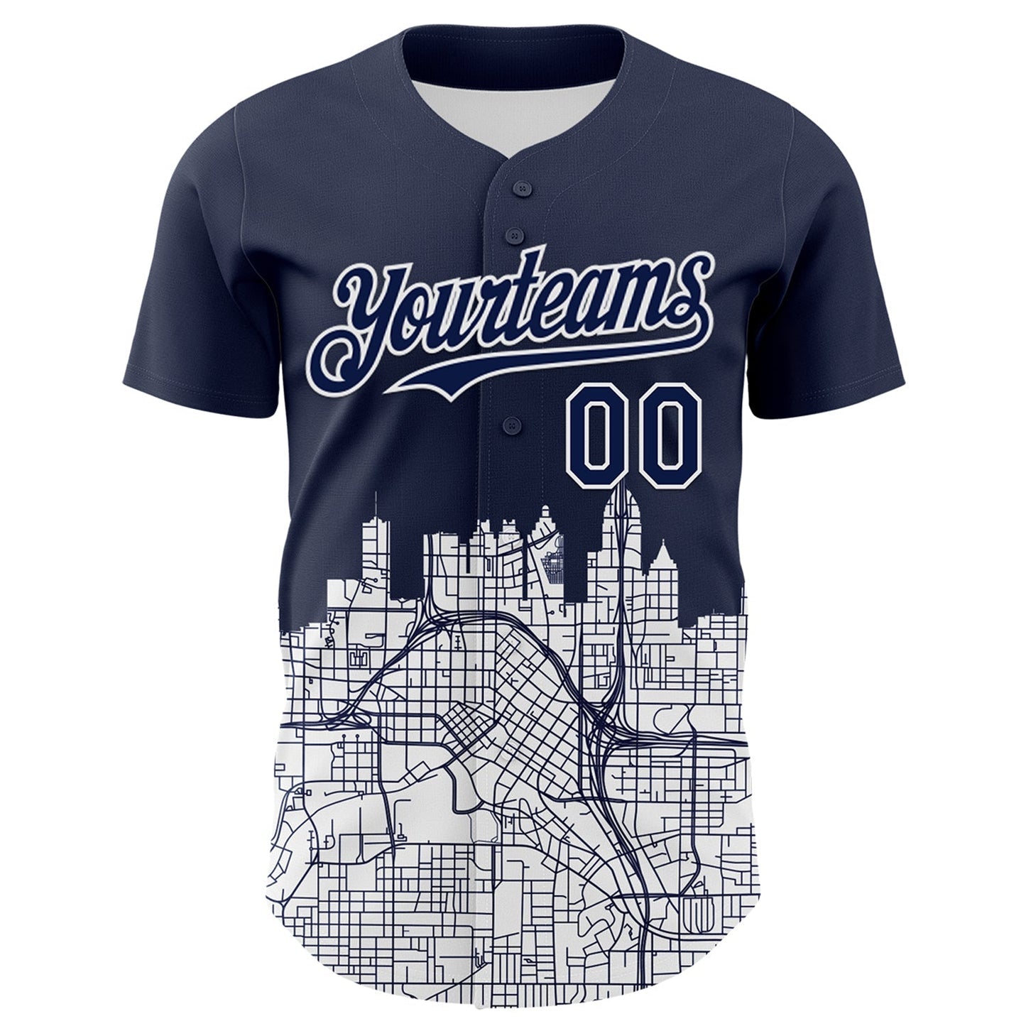 Custom Navy White 3D Pattern Design Atlanta Cityscape Urban Map Authentic Baseball Jersey baseball jersey product view 2