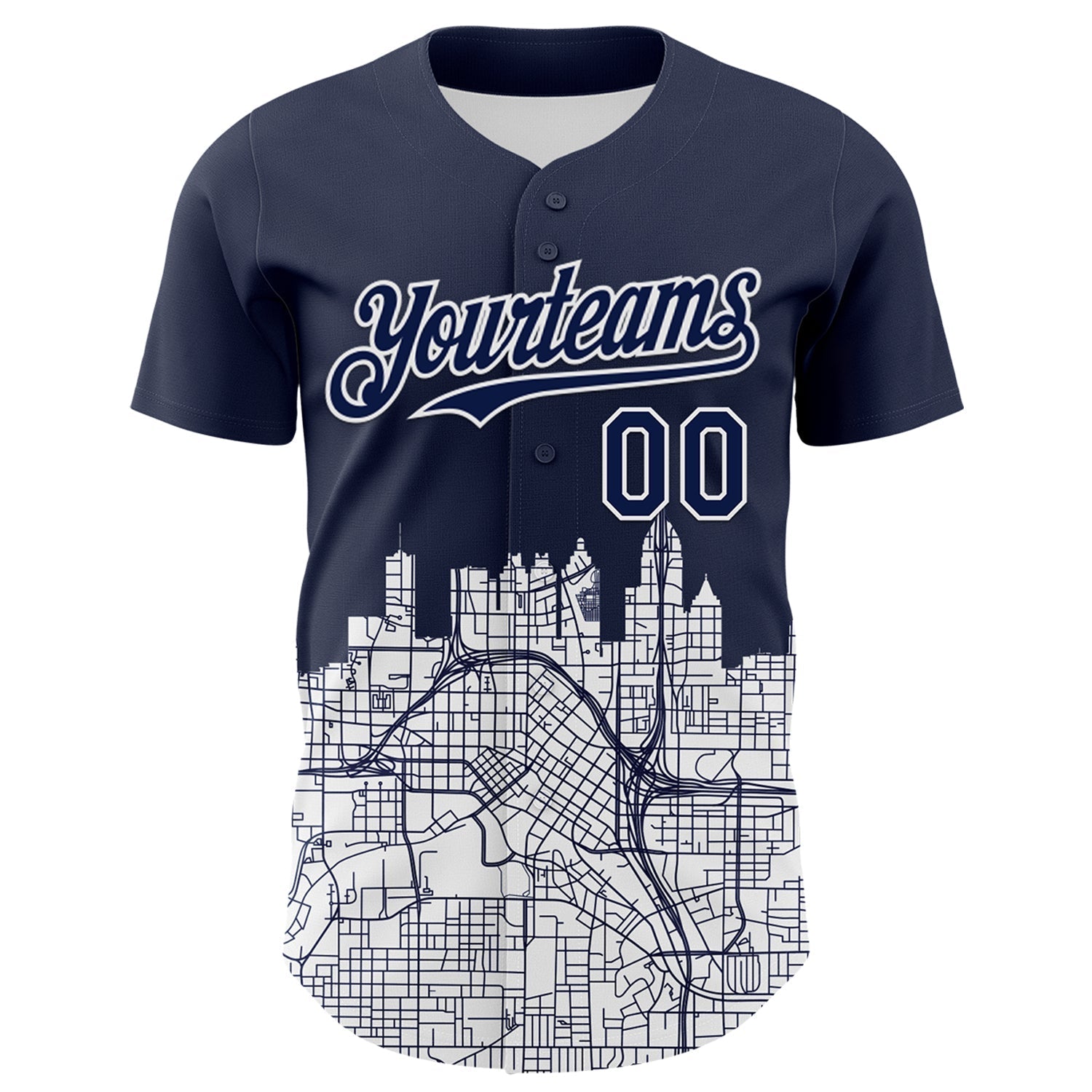 Custom Navy White 3D Pattern Design Atlanta Cityscape Urban Map Authentic Baseball Jersey baseball jersey product view 2