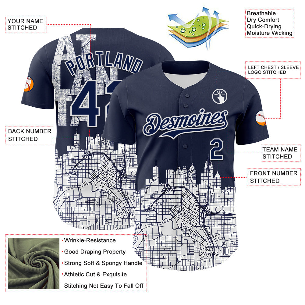 Custom Navy White 3D Pattern Design Atlanta Cityscape Urban Map Authentic Baseball Jersey baseball jersey product view 3
