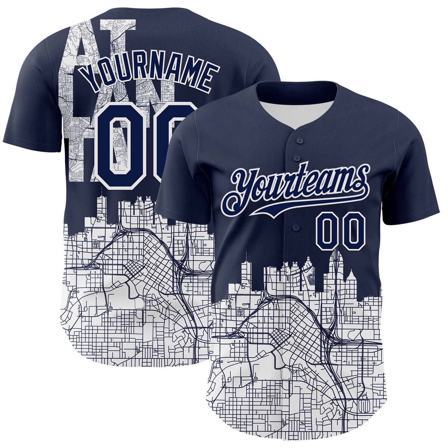 Custom Navy White 3D Pattern Design Atlanta Cityscape Urban Map Authentic Baseball Jersey baseball jersey product view 1