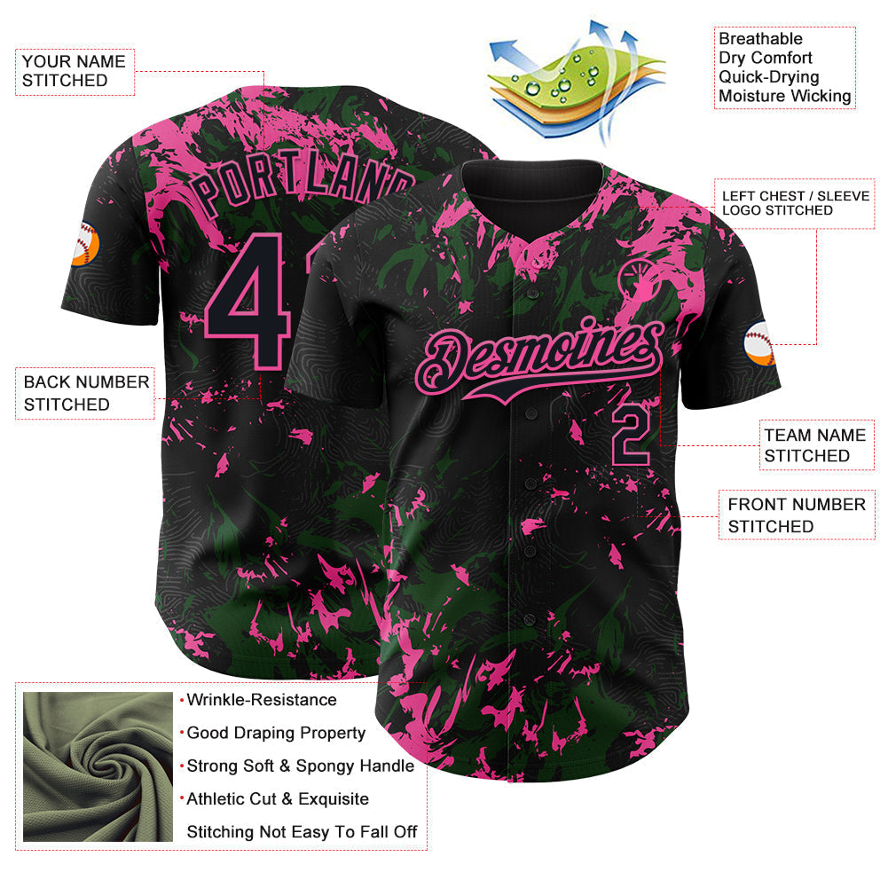 Custom Black Green-Pink Splash Authentic Baseball Jersey baseball jersey product view 3