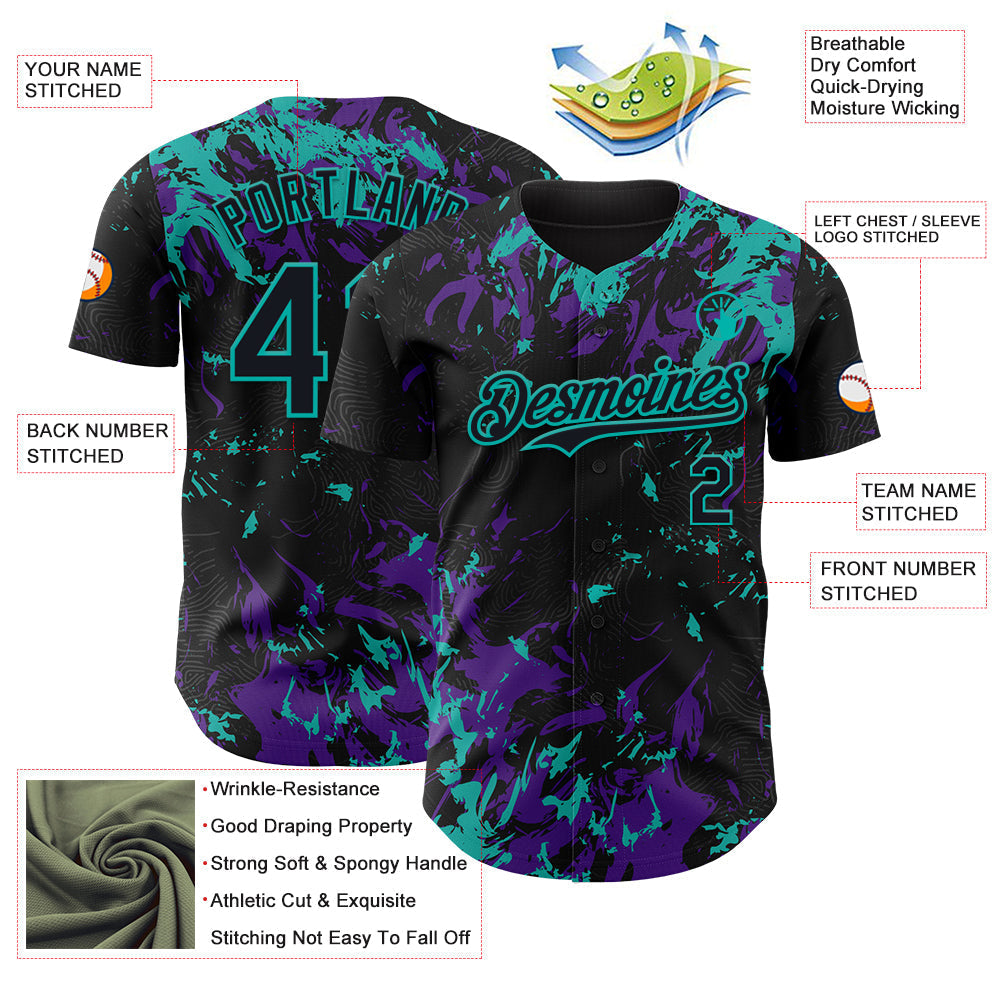 Custom Black Purple-Aqua Splash Authentic Baseball Jersey baseball jersey product view 3