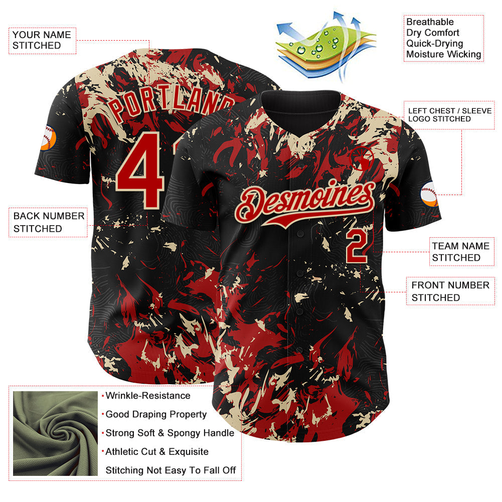 Custom Black Red-Cream Splash Authentic Baseball Jersey baseball jersey product view 3