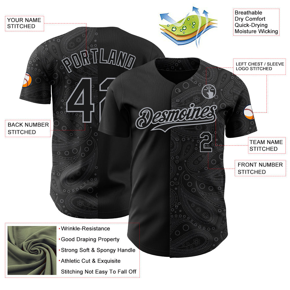 Custom Black Gray Rave Party Ethnic Paisley Bandana Authentic Baseball Jersey baseball jersey product view 3