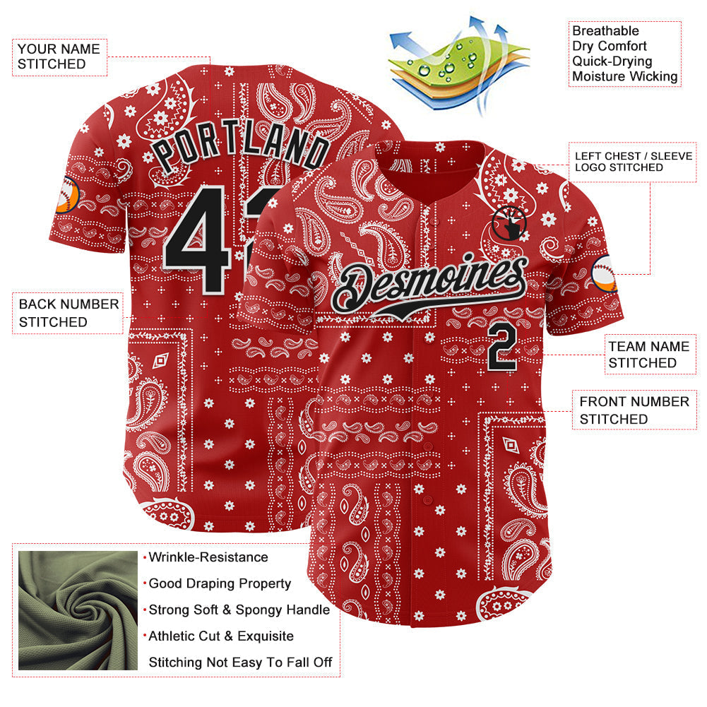 Custom Red Black-White Rave Party Ethnic Paisley Bandana Authentic Baseball Jersey baseball jersey product view 3