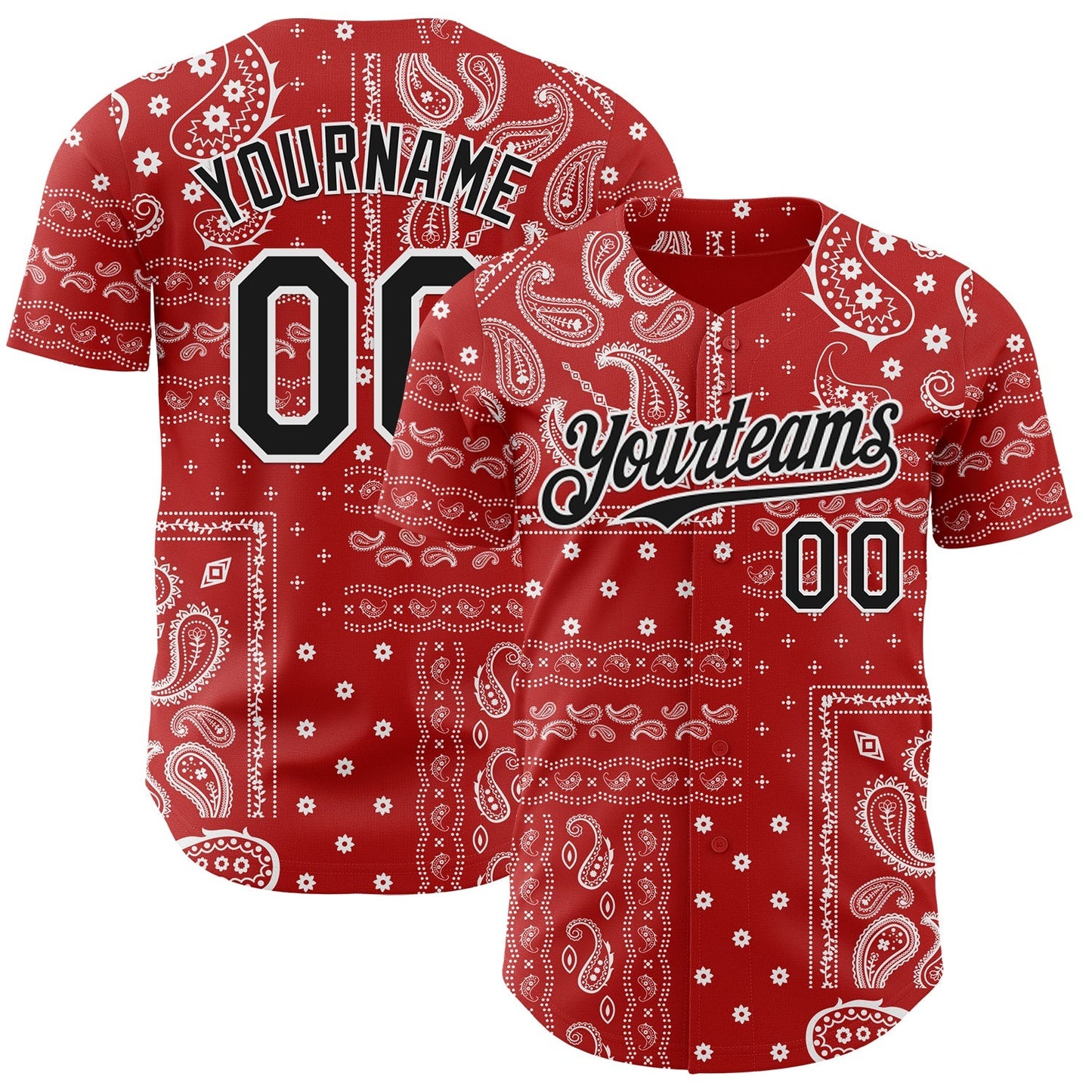 Custom Red Black-White Rave Party Ethnic Paisley Bandana Authentic Baseball Jersey baseball jersey product view 1
