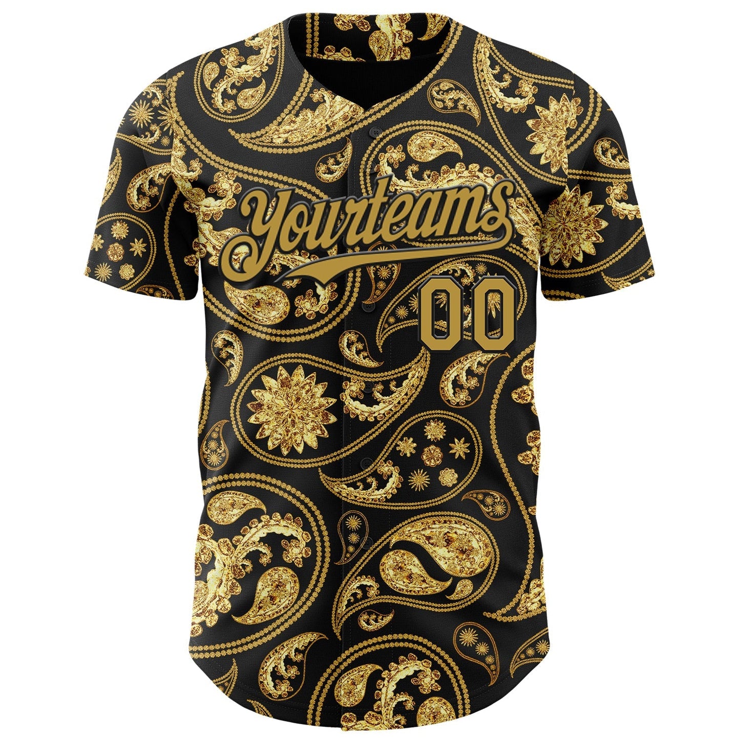 Custom Black Old Gold Rave Party Ethnic Paisley Bandana Authentic Baseball Jersey baseball jersey product view 2