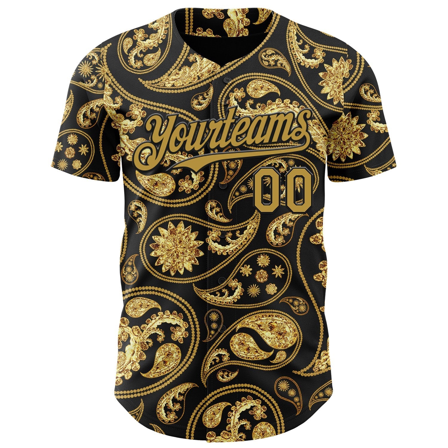 Custom Black Old Gold Rave Party Ethnic Paisley Bandana Authentic Baseball Jersey baseball jersey product view 2