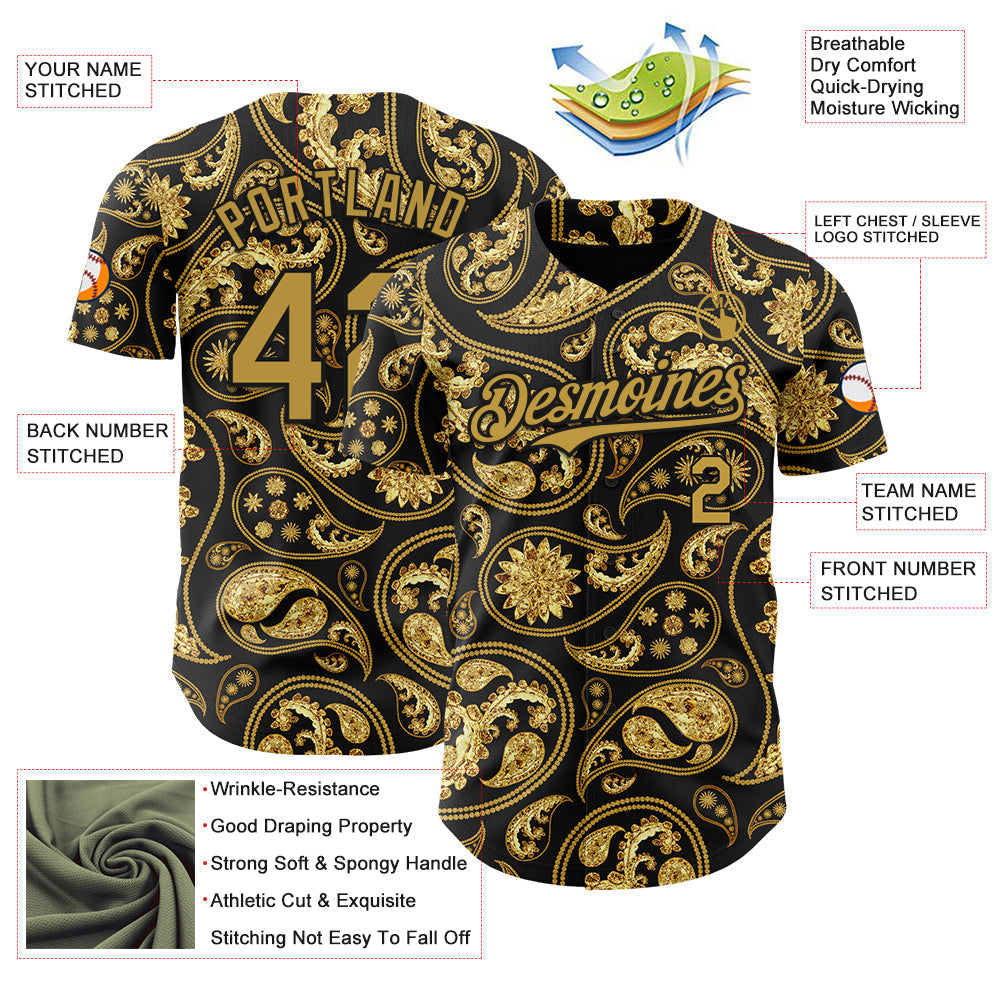 Custom Black Old Gold Rave Party Ethnic Paisley Bandana Authentic Baseball Jersey baseball jersey product view 3