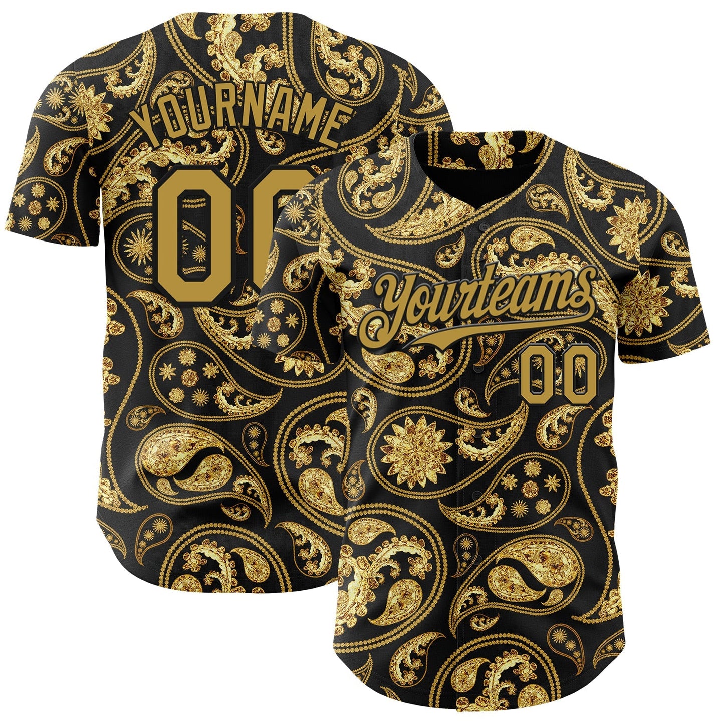 Custom Black Old Gold Rave Party Ethnic Paisley Bandana Authentic Baseball Jersey baseball jersey product view 1