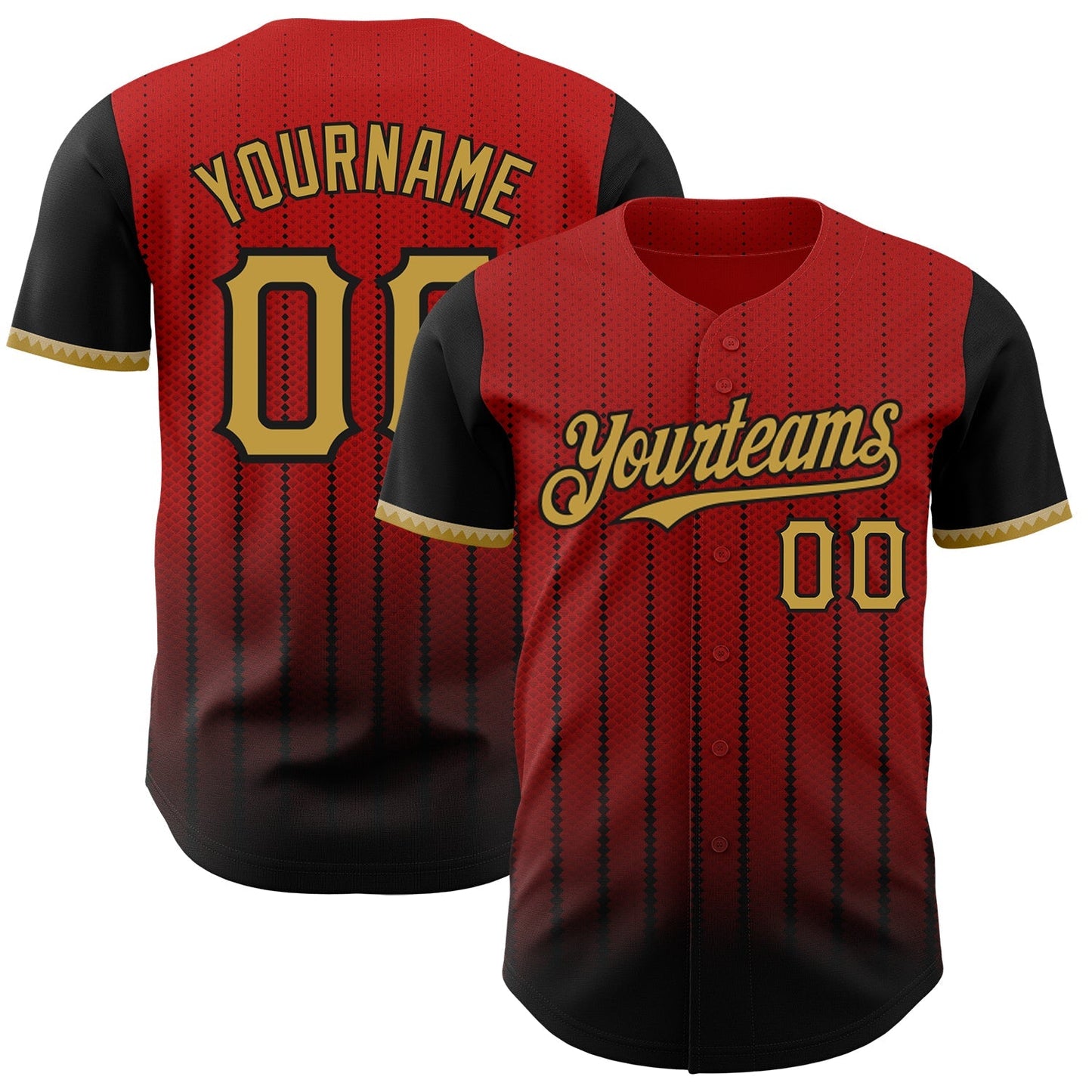 Custom Red Old Gold-Black 3D Pattern Design Gradient Geometric Shape Authentic Baseball Jersey baseball jersey product view 1