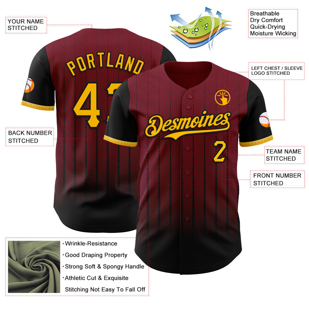 Custom Crimson Gold-Black 3D Pattern Design Gradient Geometric Shape Authentic Baseball Jersey baseball jersey product view 3
