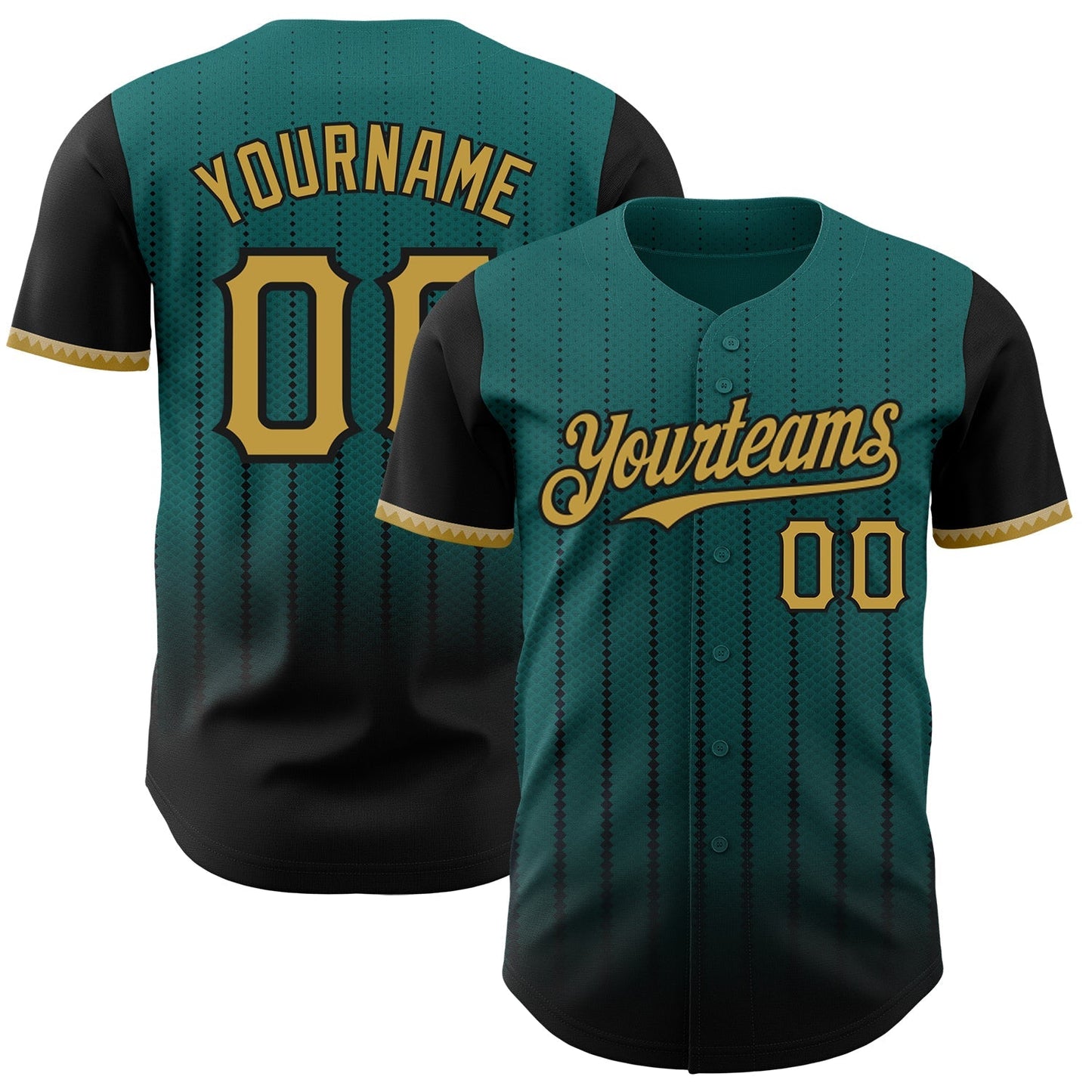 Custom Teal Old Gold-Black 3D Pattern Design Gradient Geometric Shape Authentic Baseball Jersey baseball jersey product view 1