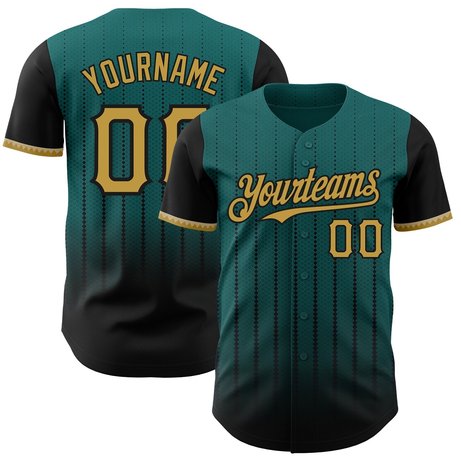 Custom Teal Old Gold-Black 3D Pattern Design Gradient Geometric Shape Authentic Baseball Jersey baseball jersey product view 1