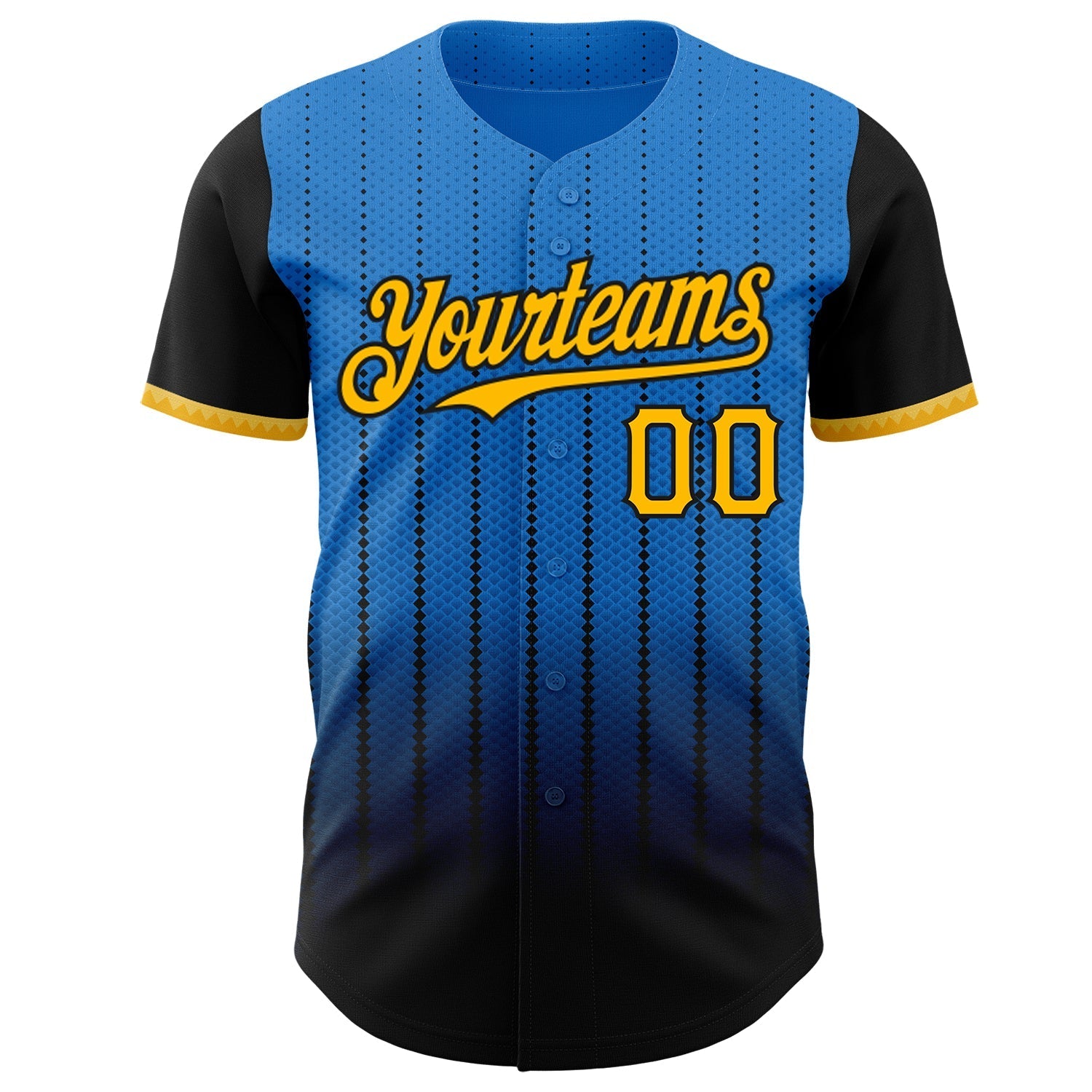 Custom Electric Blue Gold-Black 3D Pattern Design Gradient Geometric Shape Authentic Baseball Jersey baseball jersey product view 2