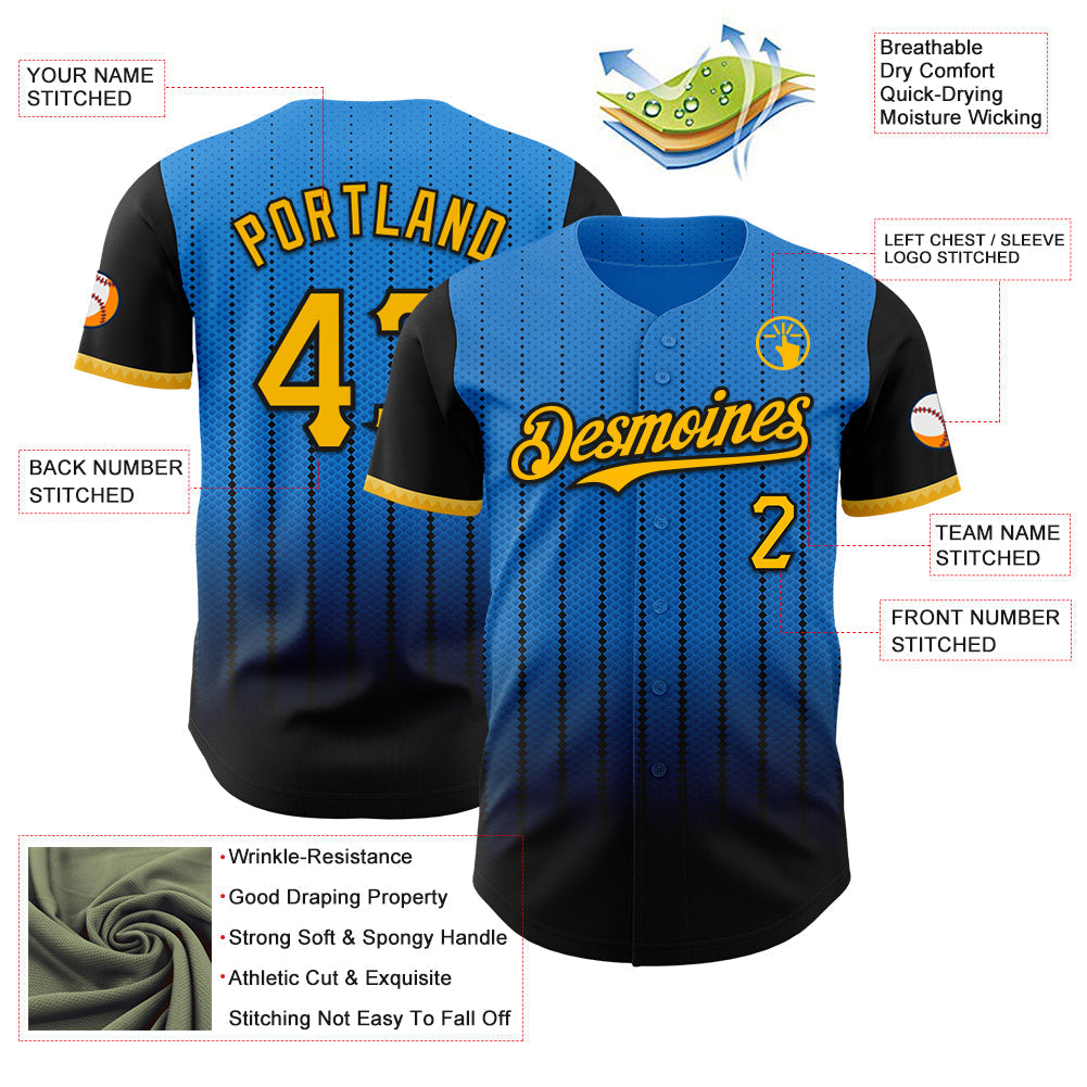 Custom Electric Blue Gold-Black 3D Pattern Design Gradient Geometric Shape Authentic Baseball Jersey baseball jersey product view 3