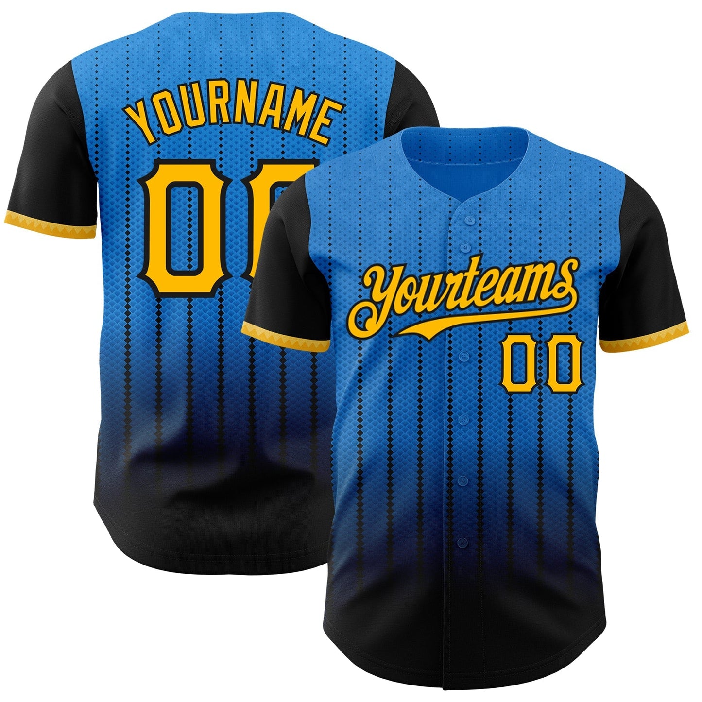 Custom Electric Blue Gold-Black 3D Pattern Design Gradient Geometric Shape Authentic Baseball Jersey baseball jersey product view 1