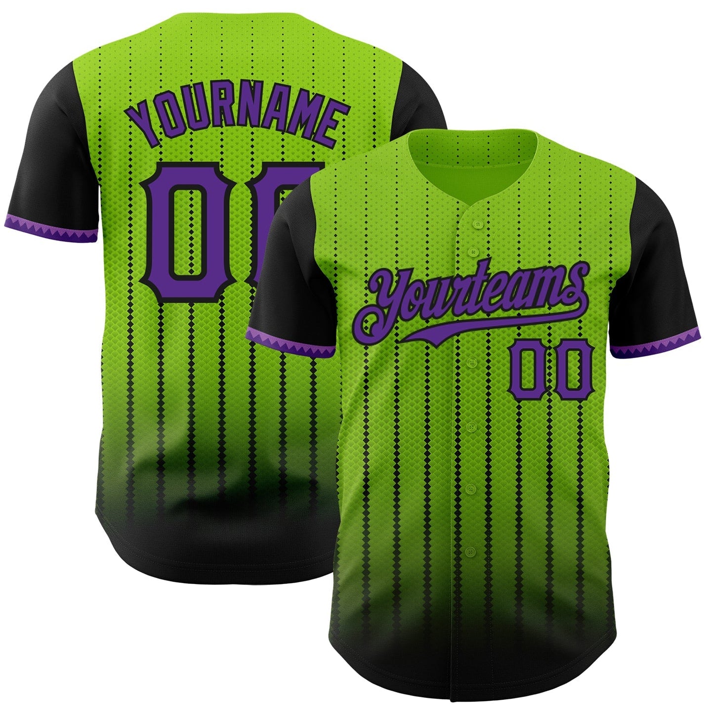 Custom Neon Green Purple-Black 3D Pattern Design Gradient Geometric Shape Authentic Baseball Jersey baseball jersey product view 1