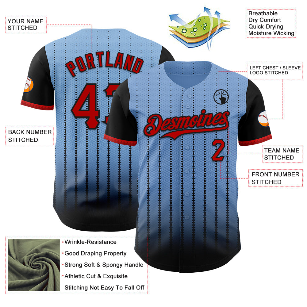 Custom Light Blue Red-Black 3D Pattern Design Gradient Geometric Shape Authentic Baseball Jersey baseball jersey product view 3