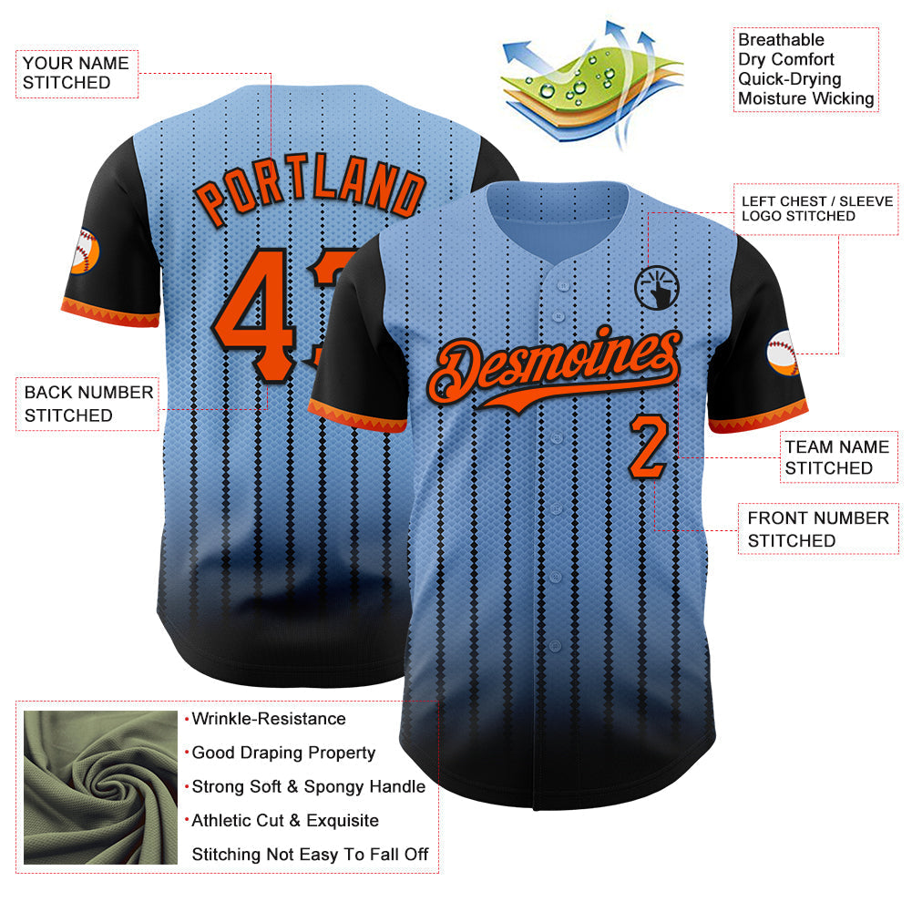 Custom Light Blue Orange-Black 3D Pattern Design Gradient Geometric Shape Authentic Baseball Jersey baseball jersey product view 3