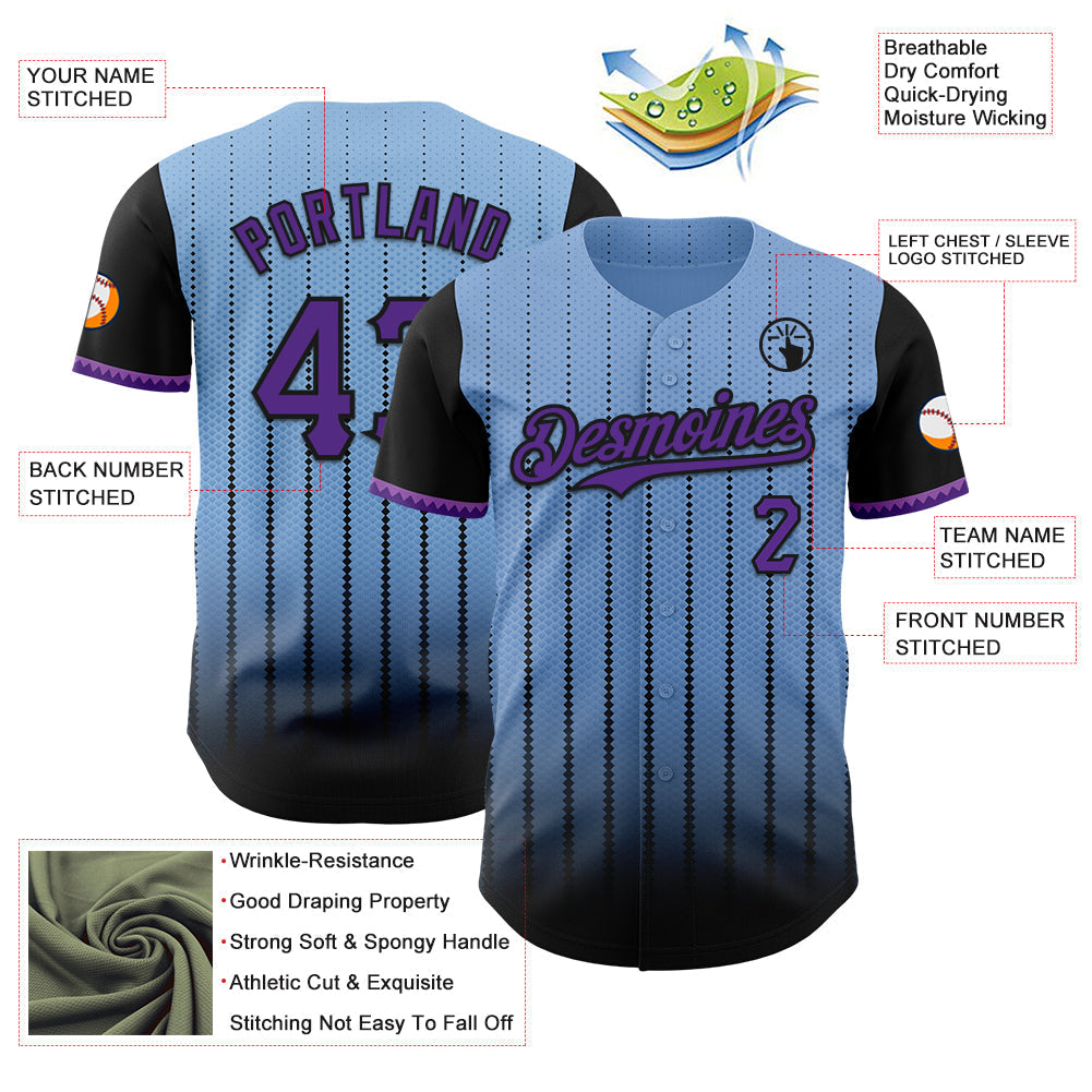 Custom Light Blue Purple-Black 3D Pattern Design Gradient Geometric Shape Authentic Baseball Jersey baseball jersey product view 3