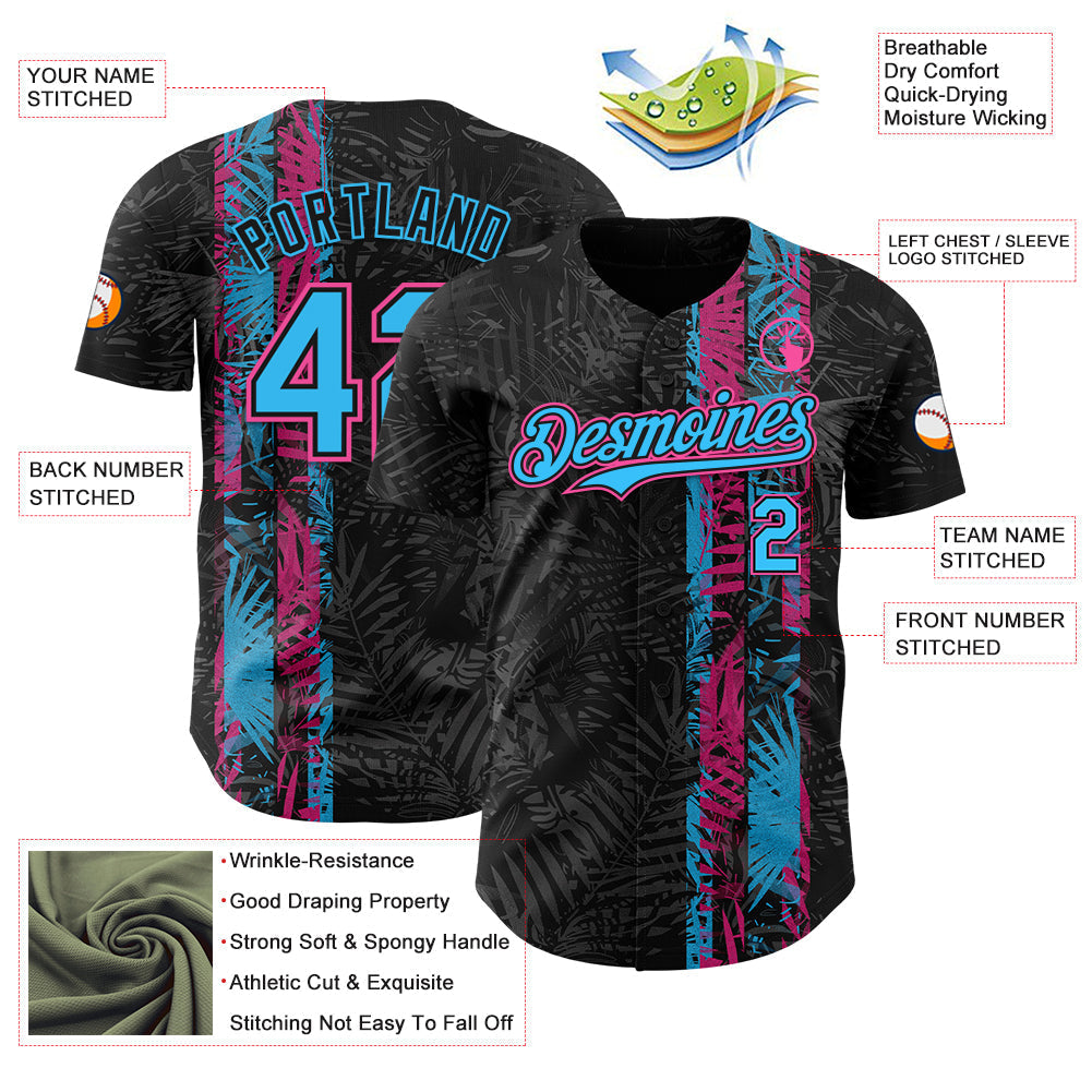 Custom Black Pink-Sky Blue Hawaii Tropical Palm Leaves Authentic Baseball Jersey baseball jersey product view 3