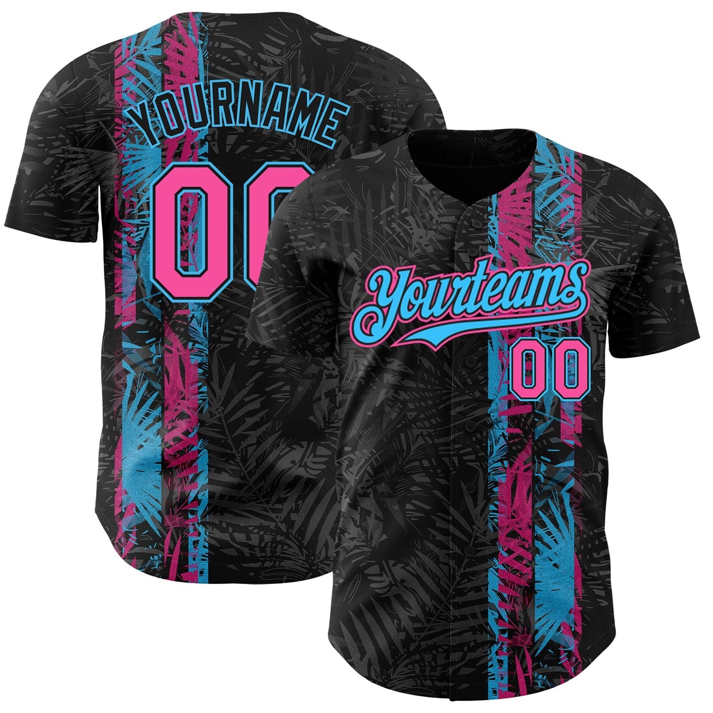 Custom Black Pink-Sky Blue Hawaii Tropical Palm Leaves Authentic Baseball Jersey baseball jersey product view 1