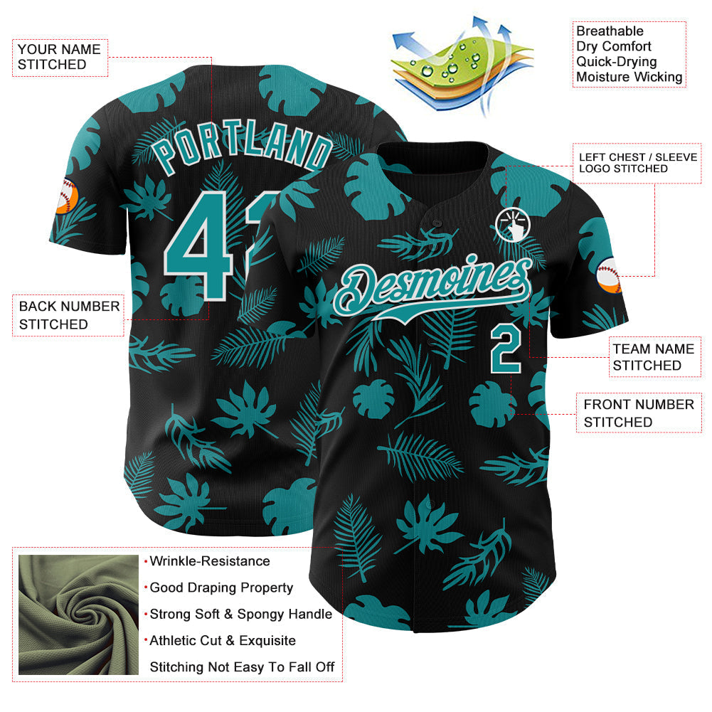 Custom Black Teal-White Hawaii Palm Leaves Authentic Baseball Jersey baseball jersey product view 3
