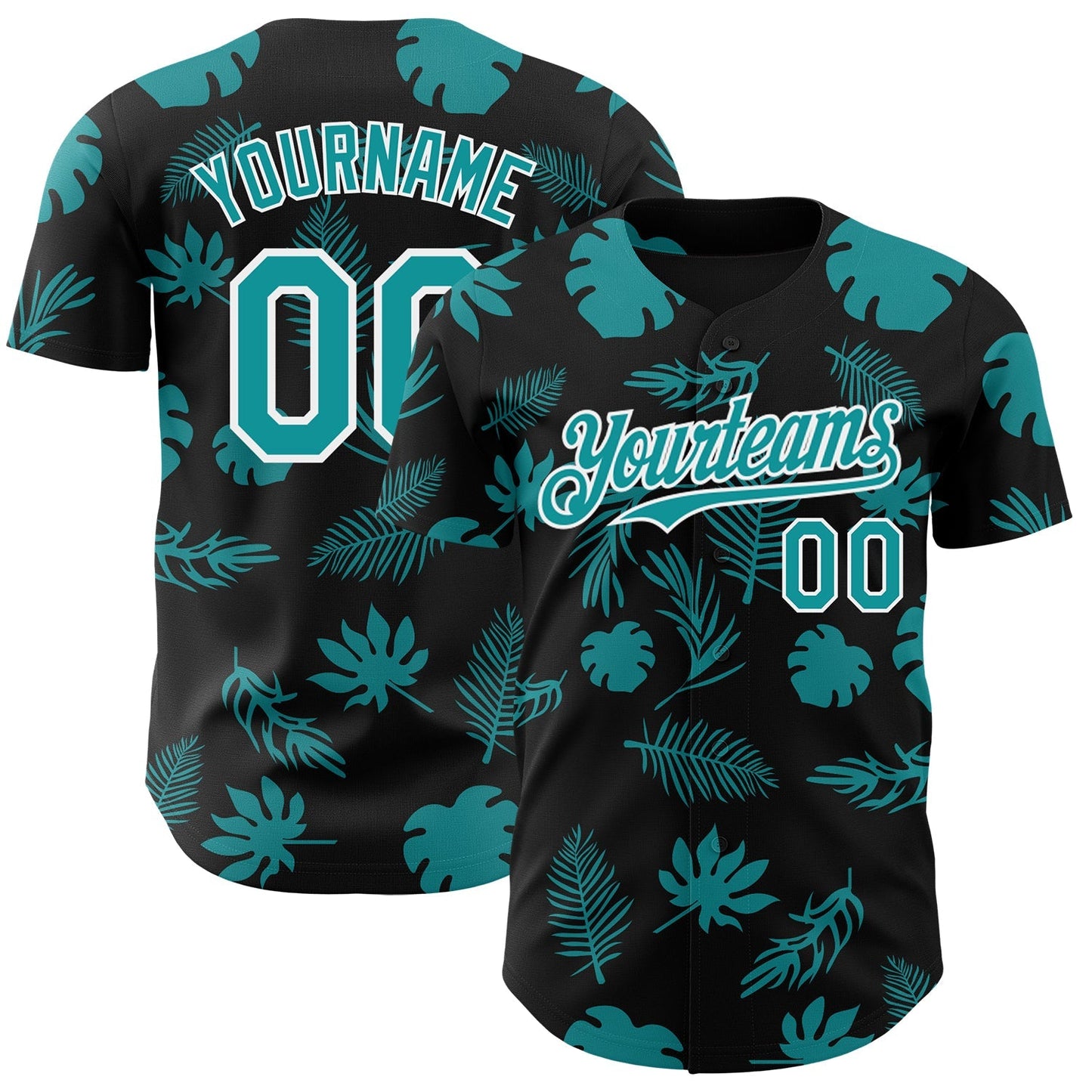 Custom Black Teal-White Hawaii Palm Leaves Authentic Baseball Jersey baseball jersey product view 1